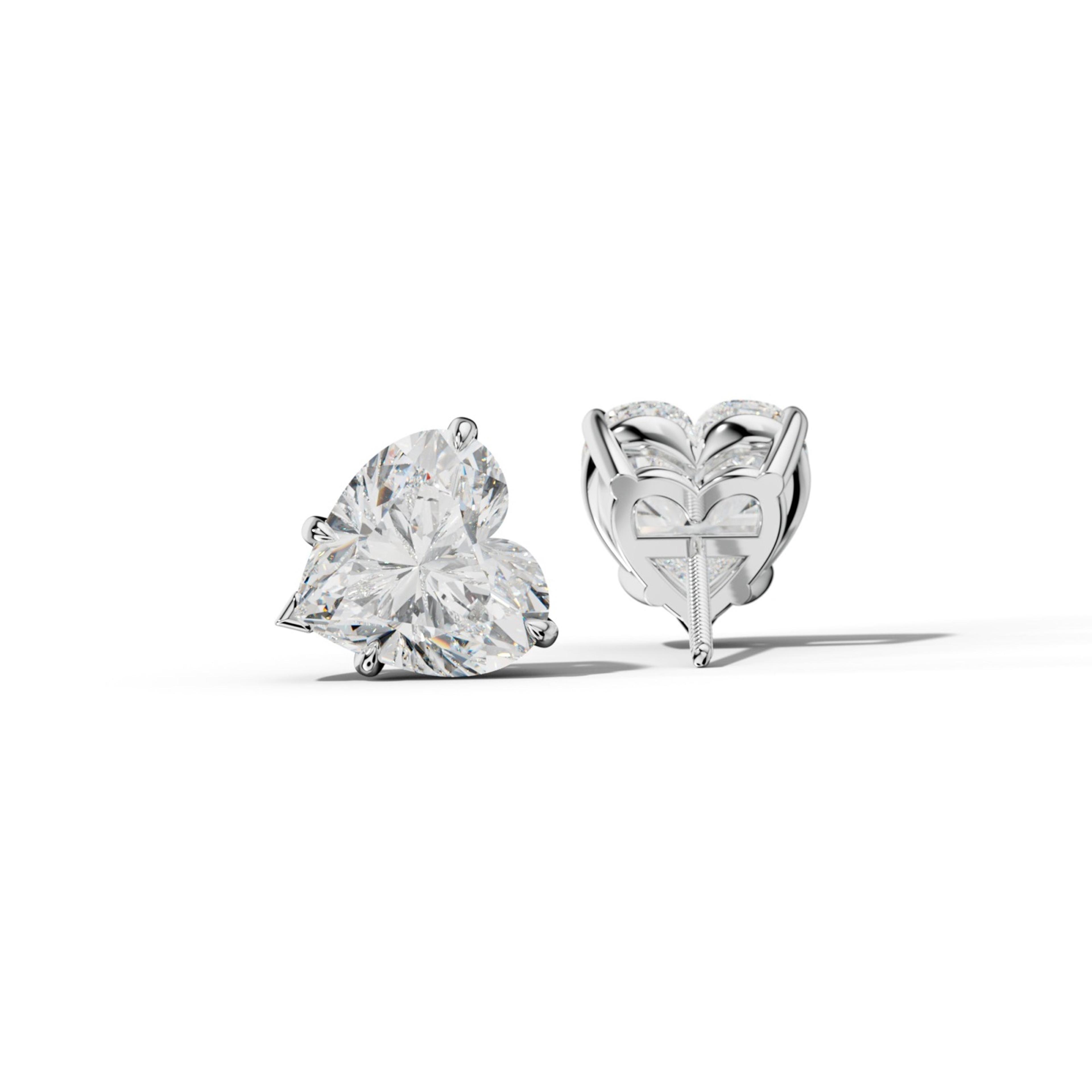 Heart Diamond Stud Earrings With Four Claw And V Prongs
