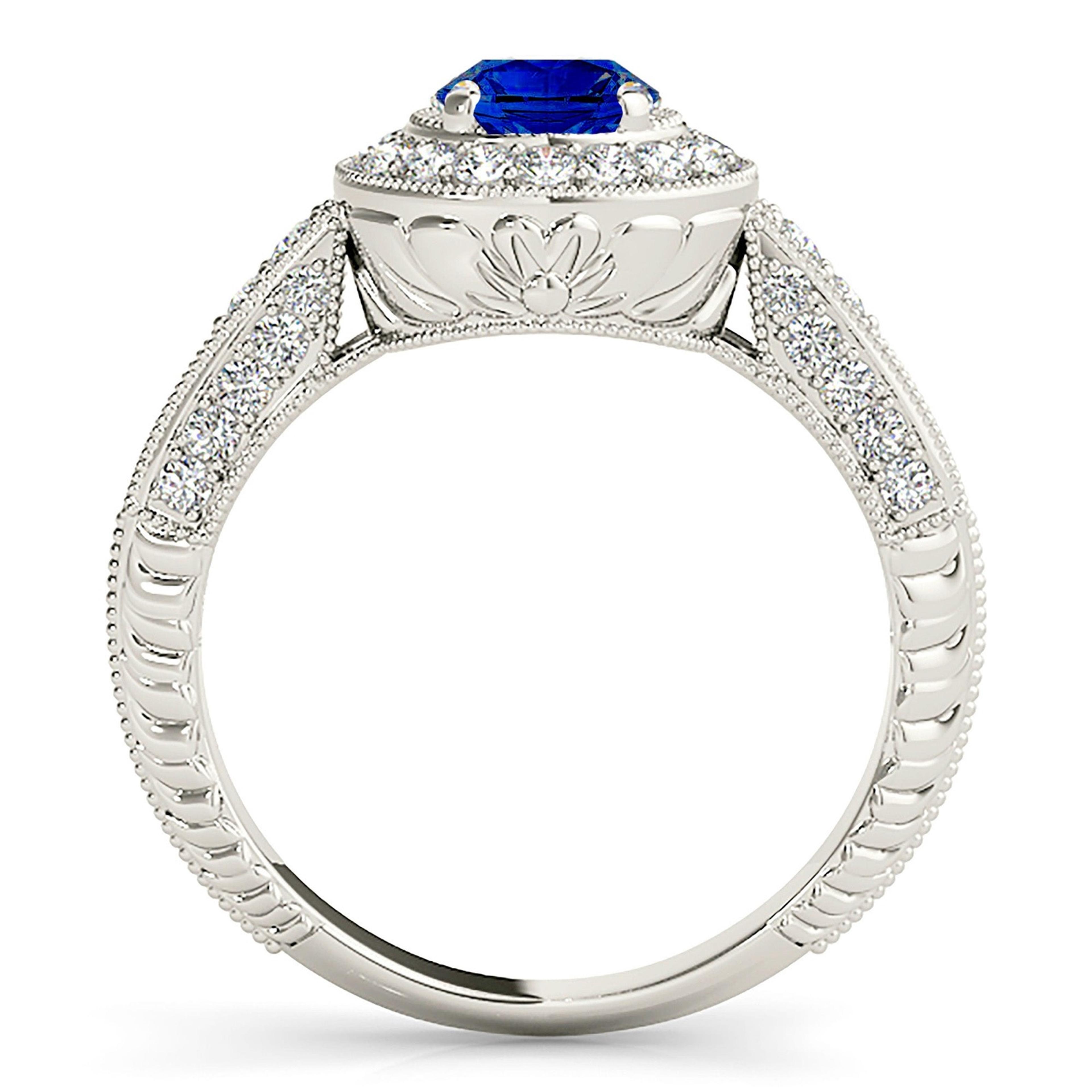 2.41 ct. Genuine Blue Sapphire Vintage Halo Ring with 0.40 ctw. Side Diamonds-VIRABYANI