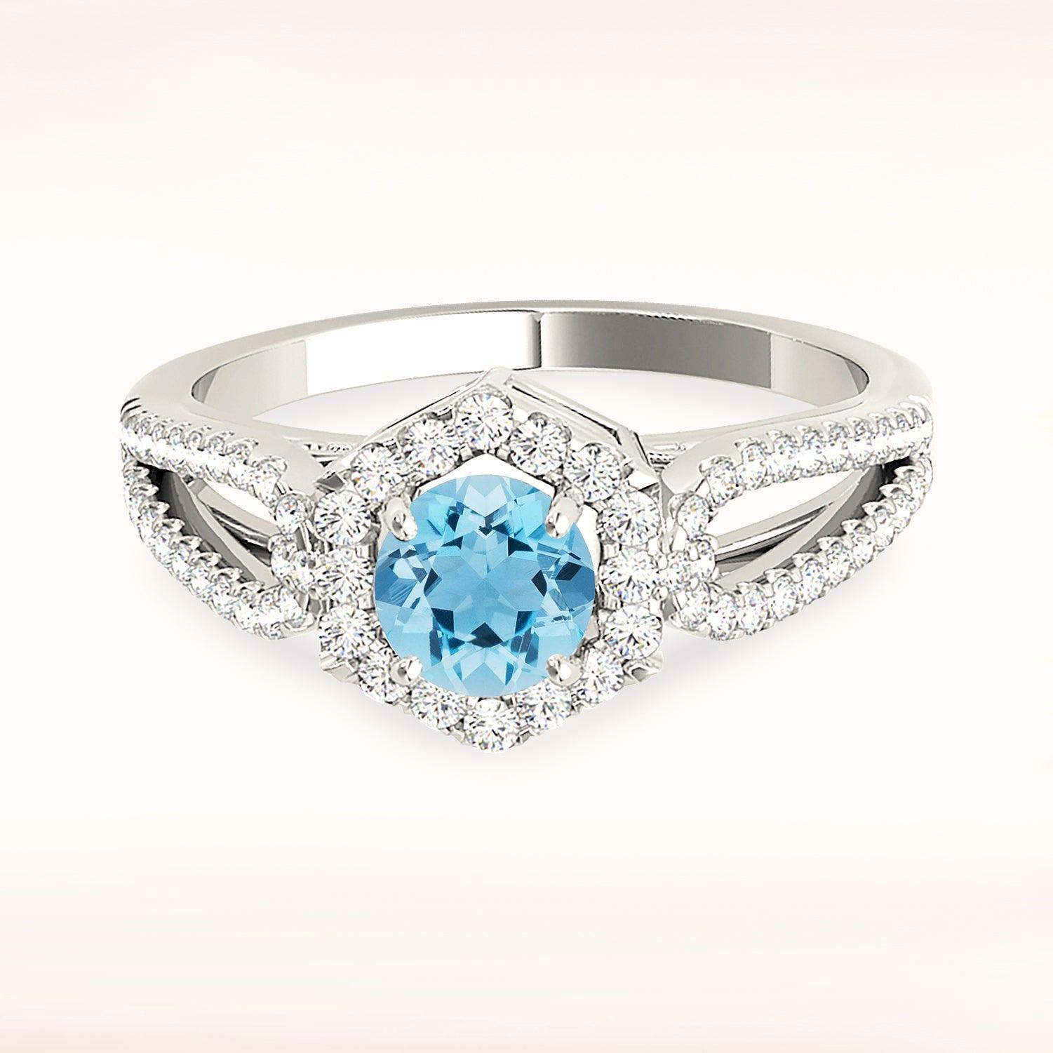 1.10 ct. Genuine Aquamarine Ring With 0.40 ctw. Diamond Hexagon Shape Halo, Open Rounded Diamond band | Round Blue Aquamarine Halo Ring-VIRABYANI