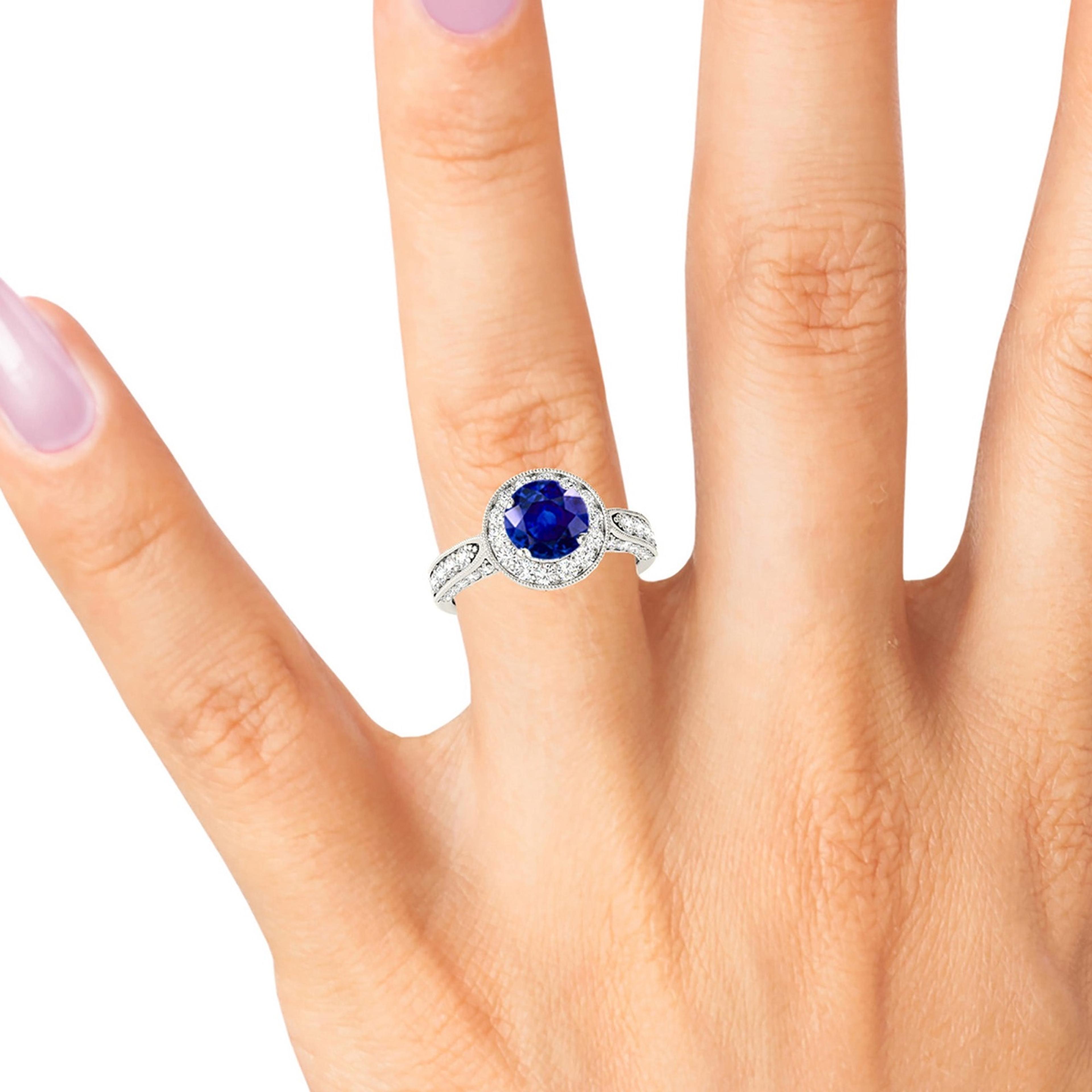 1.35 ct. Genuine Blue Sapphire Milgrain Halo Ring With 0.75 ctw. Side and Accent Diamonds-VIRABYANI