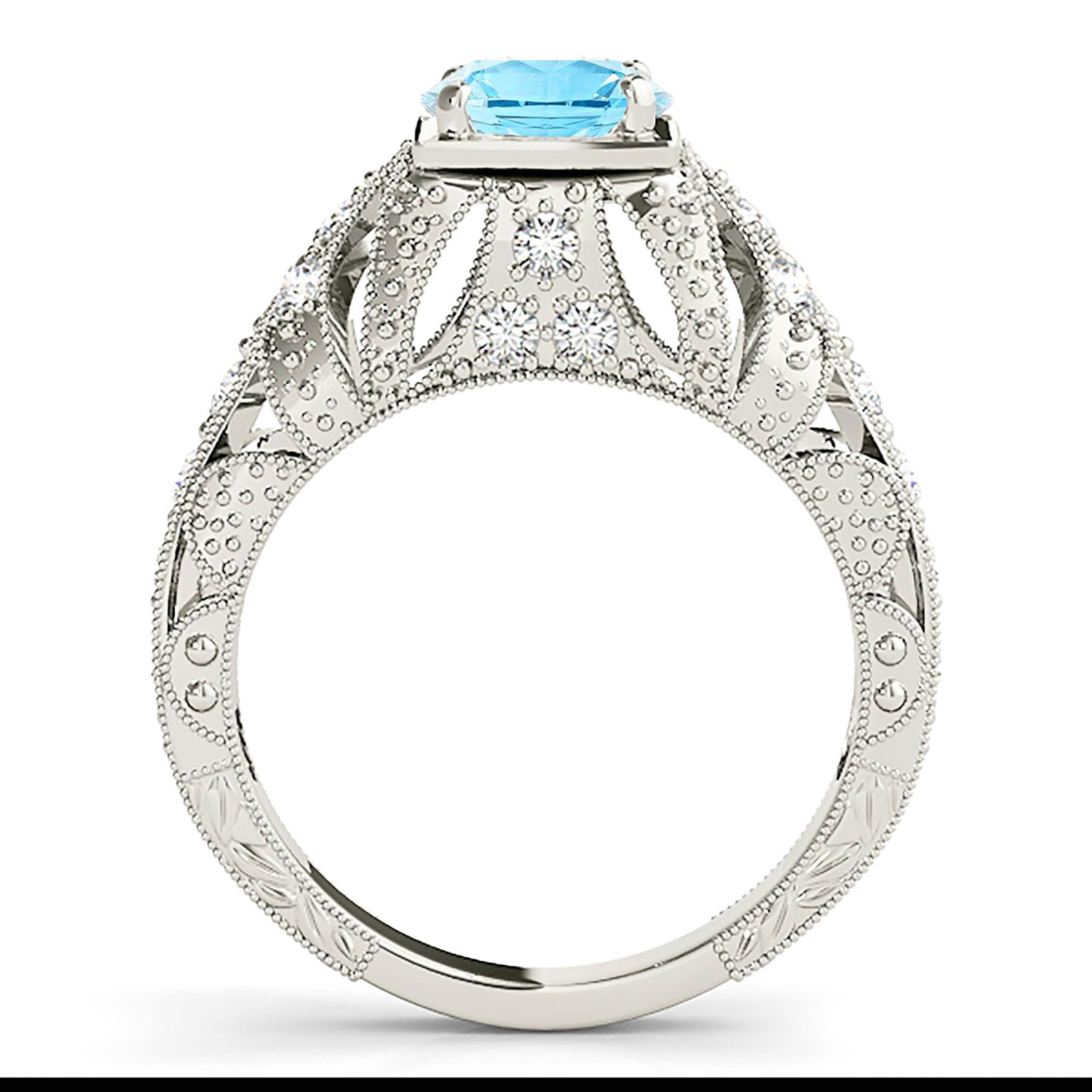 1.10 ct. Genuine Aquamarine Ring With 0.20 ctw. Diamond Filigree and Milgrain Design Fancy Band | Round Blue Aquamarine Halo Ring-VIRABYANI