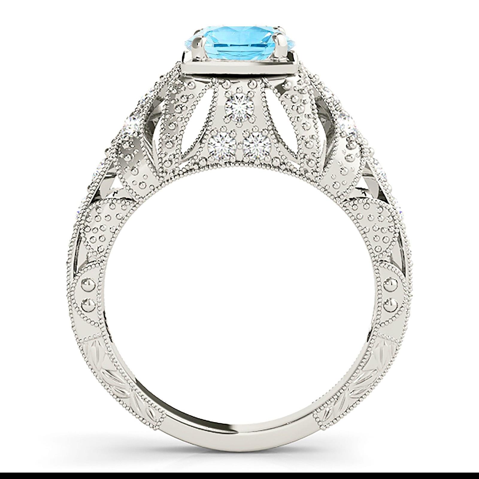 1.10 ct. Genuine Aquamarine Ring With 0.20 ctw. Diamond Filigree and Milgrain Design Fancy Band | Round Blue Aquamarine Halo Ring-VIRABYANI