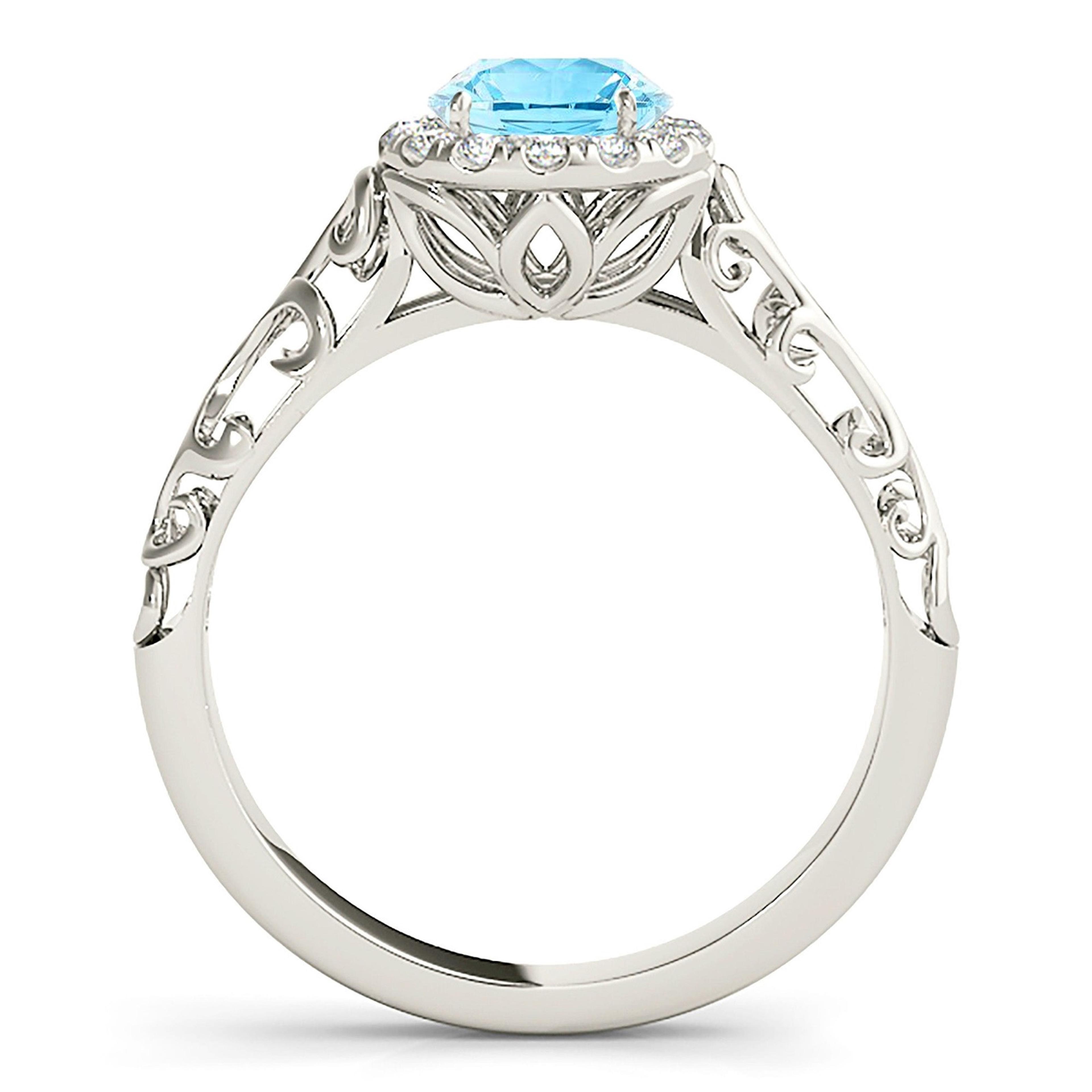 1.00 ct. Genuine Aquamarine Ring With 0.10 ctw. Diamond Halo, Floral Basket and Hand carved Fancy Band | Round Blue Aquamarine Halo Ring-VIRABYANI