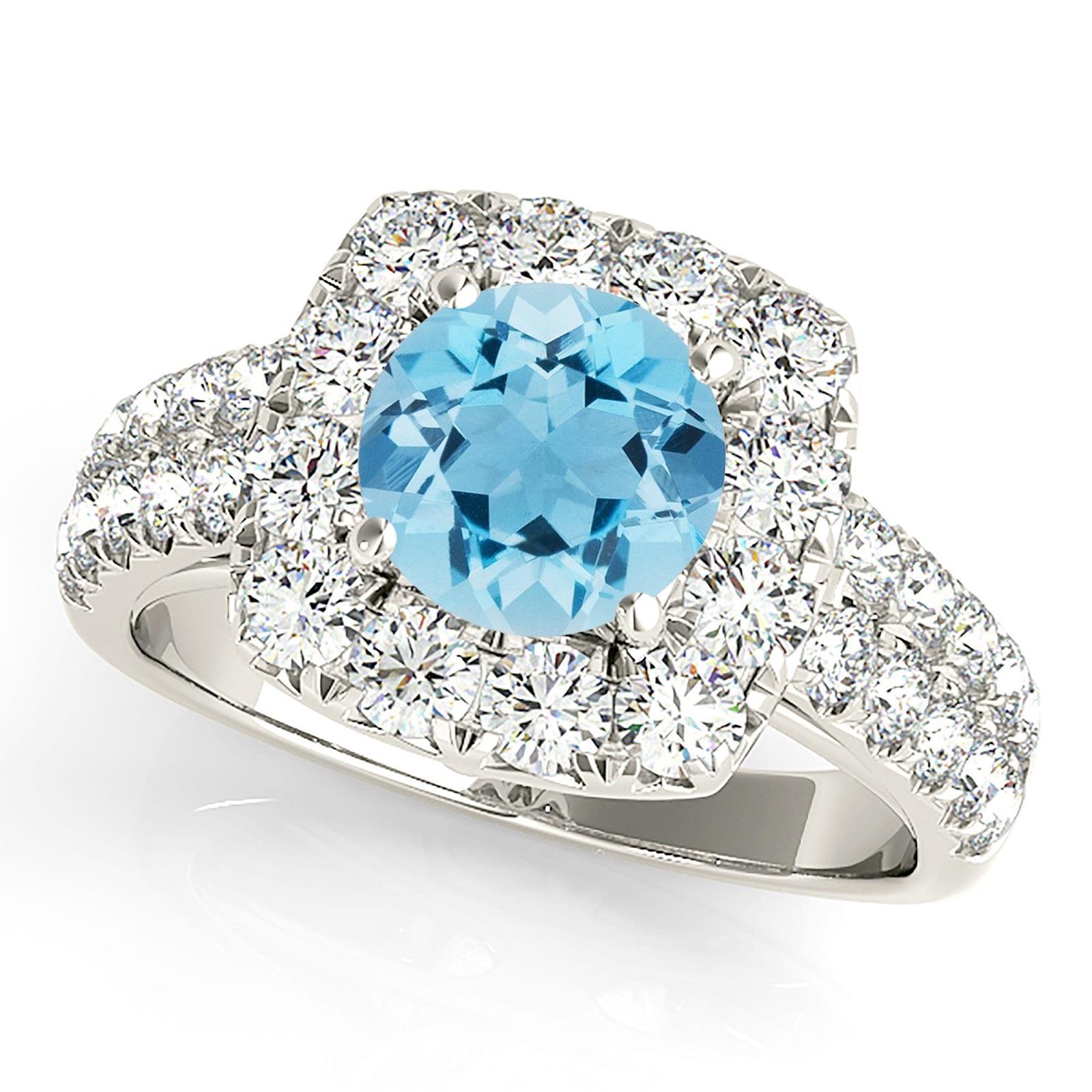 2.00 ct. Genuine Aquamarine Ring With 1.00 ctw. Diamond Cushion Halo And Double Row Diamond Band-VIRABYANI
