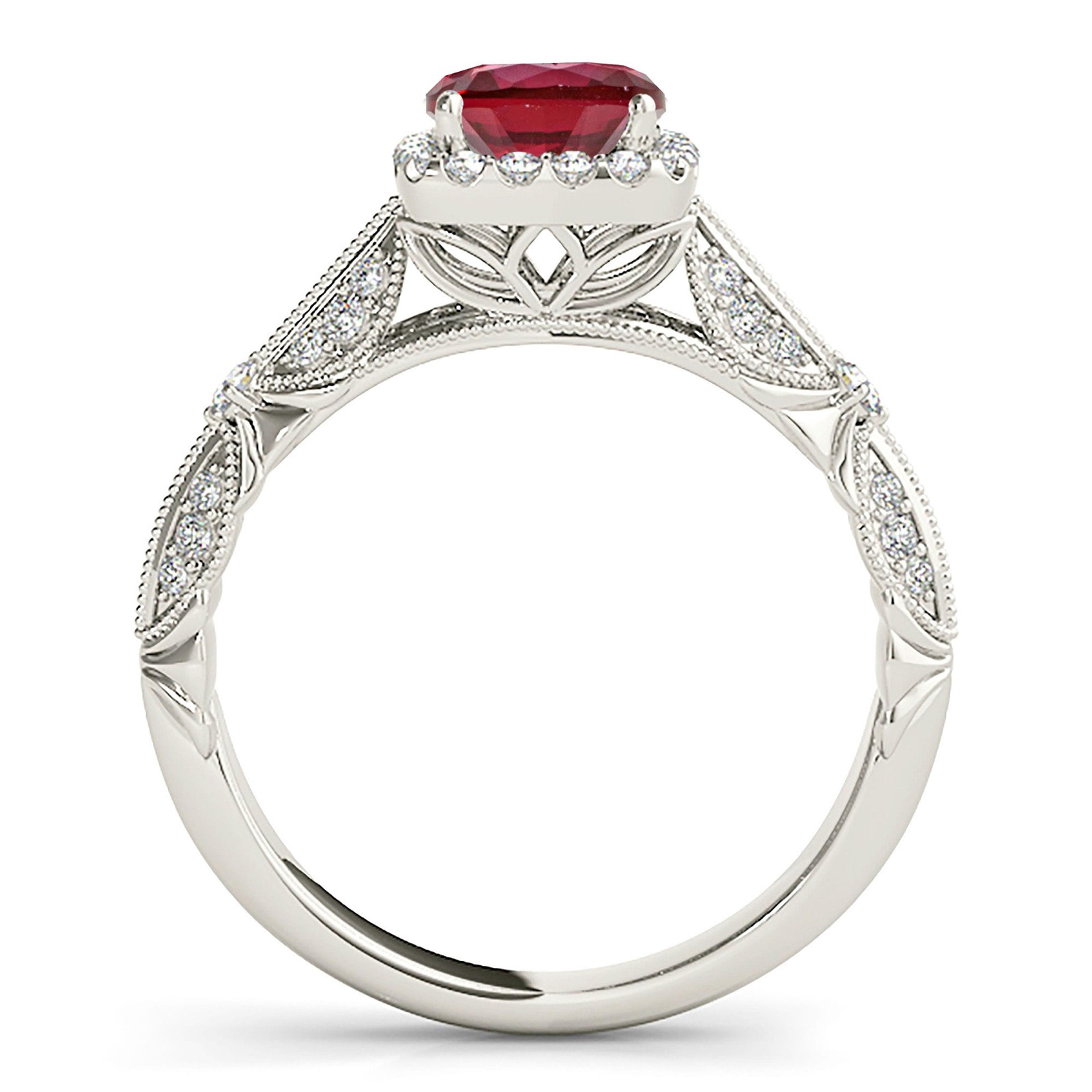 1.35 ct. Genuine Round Ruby With Square Halo, Milgrain Floral Diamond Band