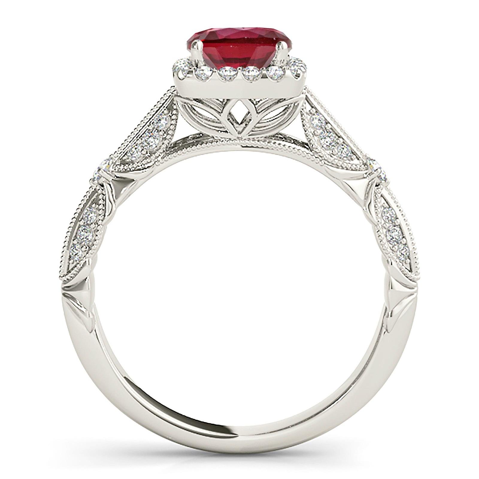 1.35 ct. Genuine Round Ruby With Square Halo, Milgrain Floral Diamond Band