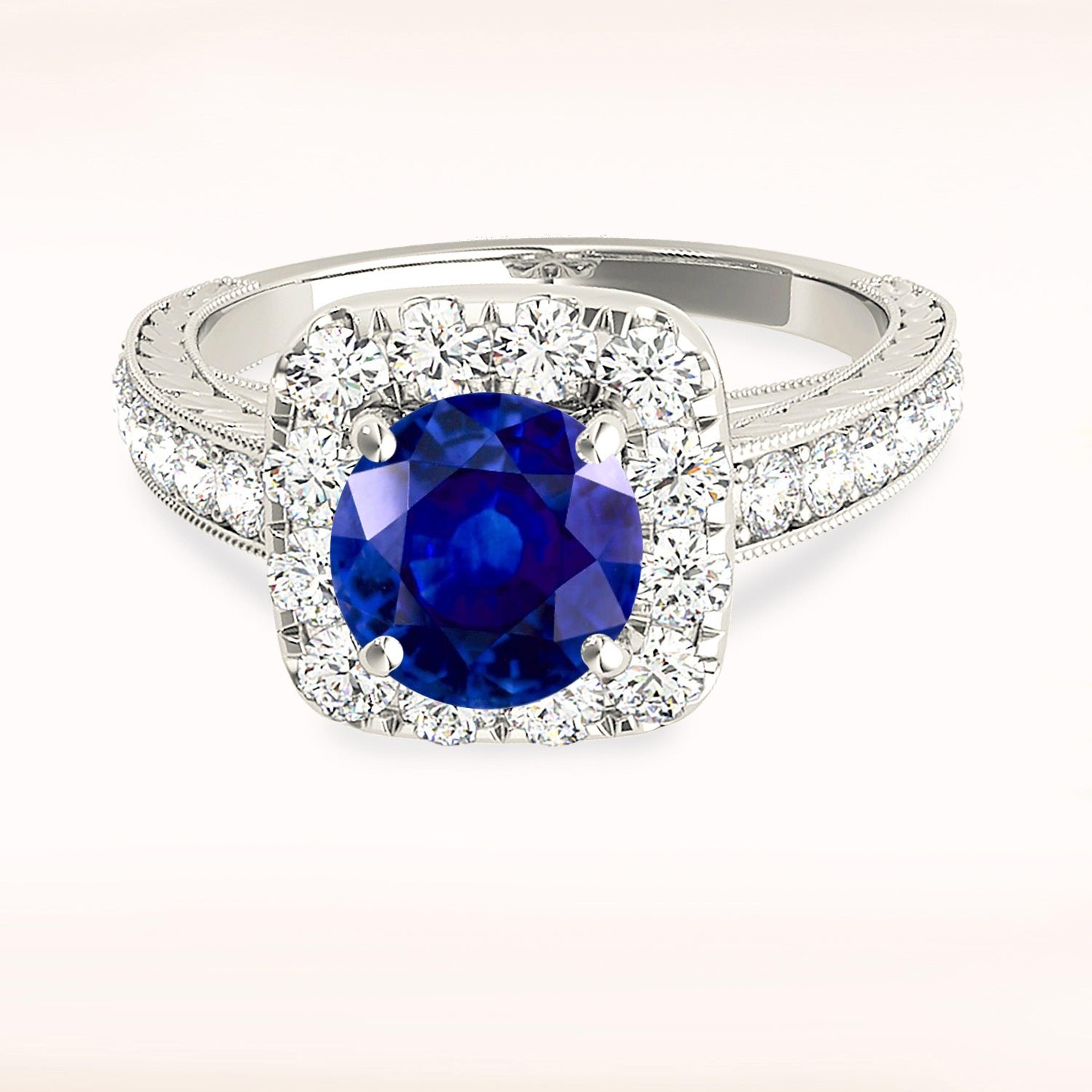 2.40 ct. Genuine Blue Sapphire Gallery Work Halo Ring