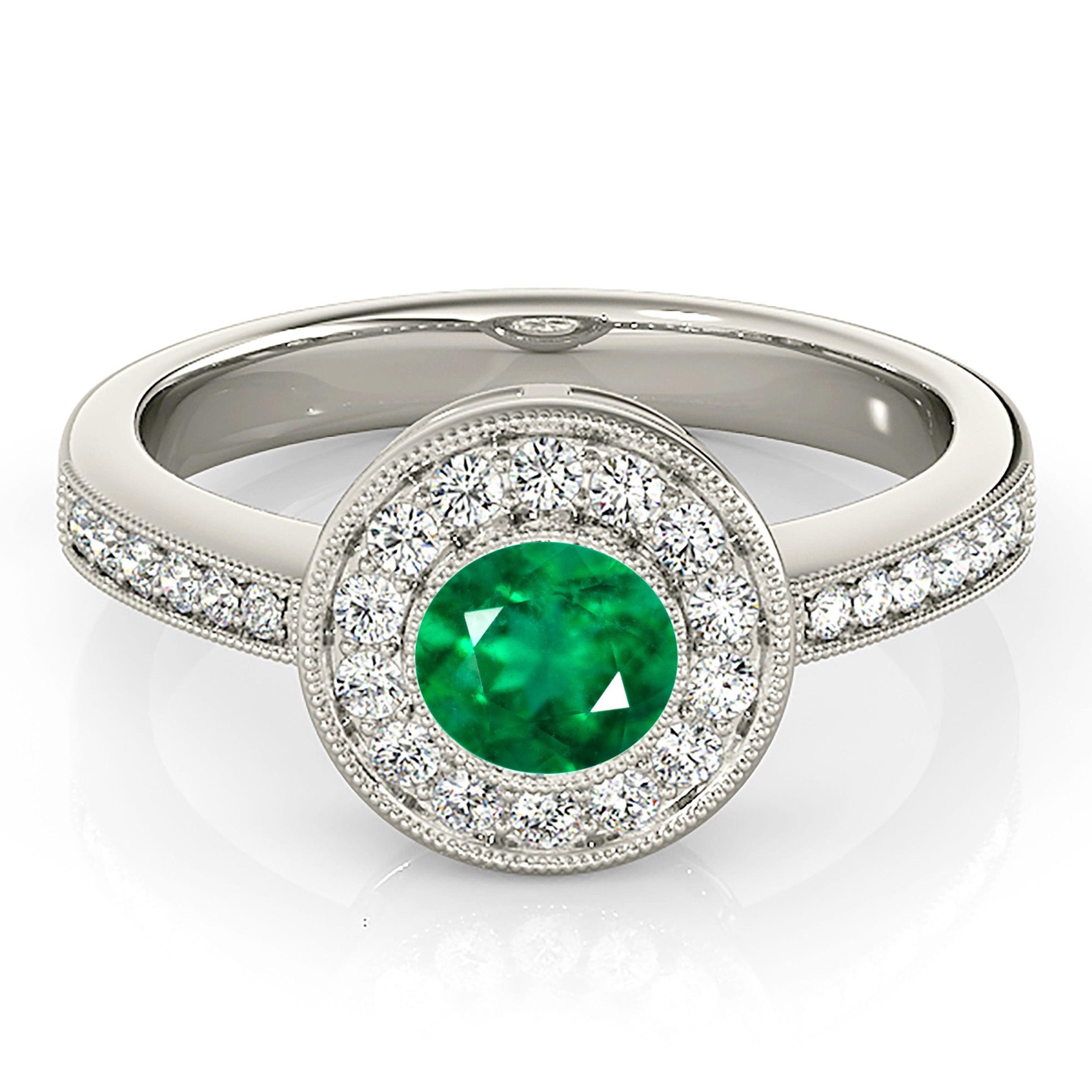 1.00 ct. Genuine Emerald Ring With 0.25 ctw. Channel Set Halo And Delicate Band, Milgrain design-VIRABYANI