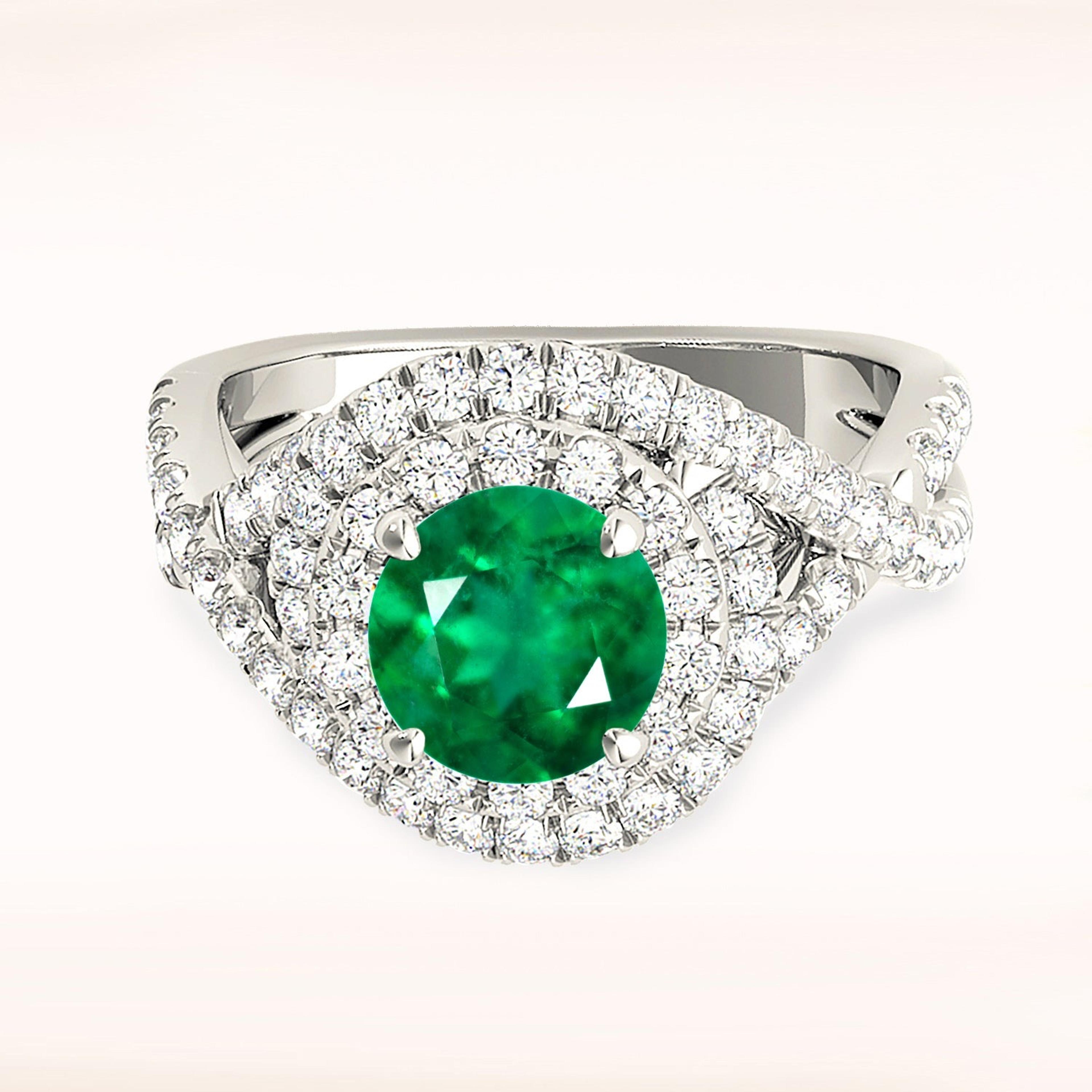 1.14 ct. Genuine Emerald Ring With 0.70 ctw. Diamond Swirl Halo and Twist Diamond Band-VIRABYANI
