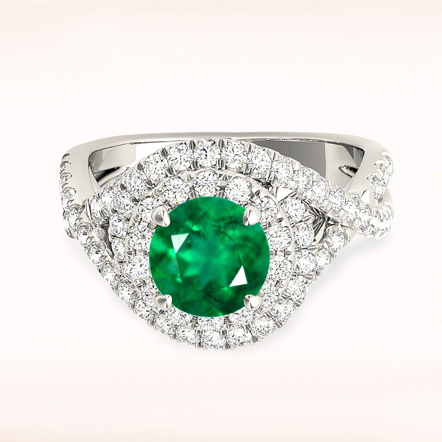 1.14 ct. Genuine Emerald Ring With 0.70 ctw. Diamond Swirl Halo and Twist Diamond Band-VIRABYANI