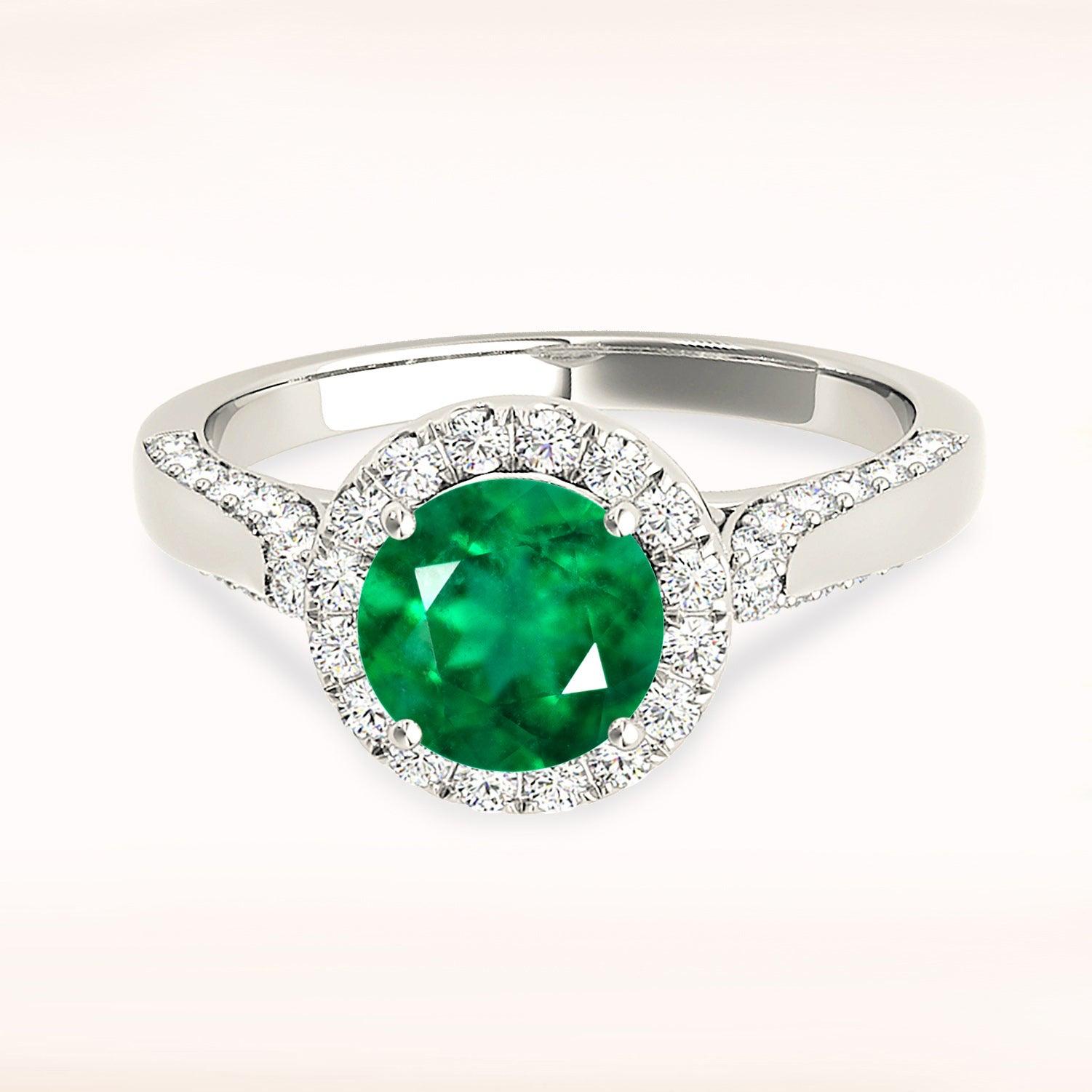 1.75 ct. Genuine Emerald Ring with 0.55 ctw. Diamond Halo, Pave Diamond and Solid Gold Band-VIRABYANI