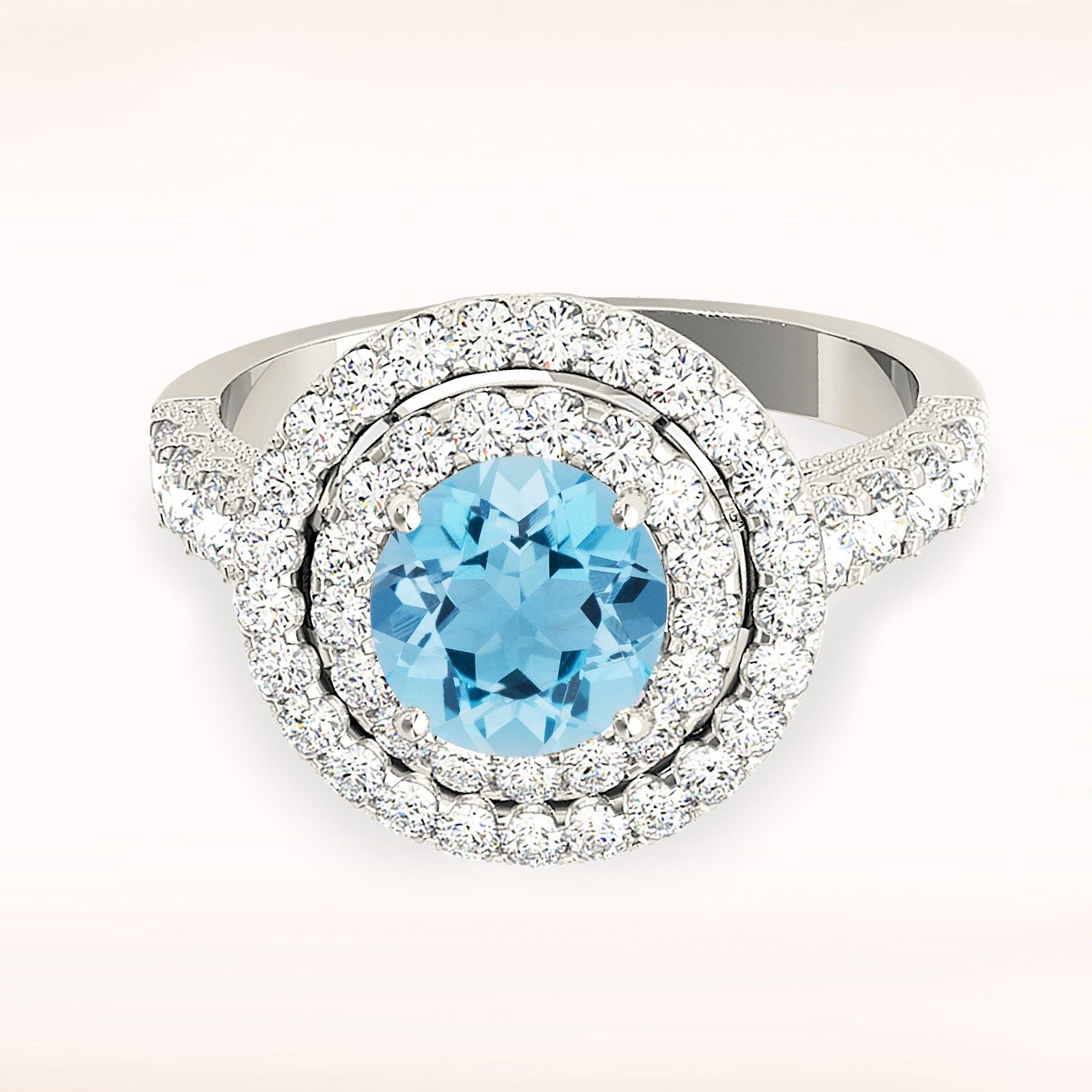 1.10 ct. Genuine Aquamarine Ring with 1.00 ctw. Diamond Double Row Halo And Diamond Band, Milgrain Design | Round Blue Aquamarine Halo Ring-VIRABYANI