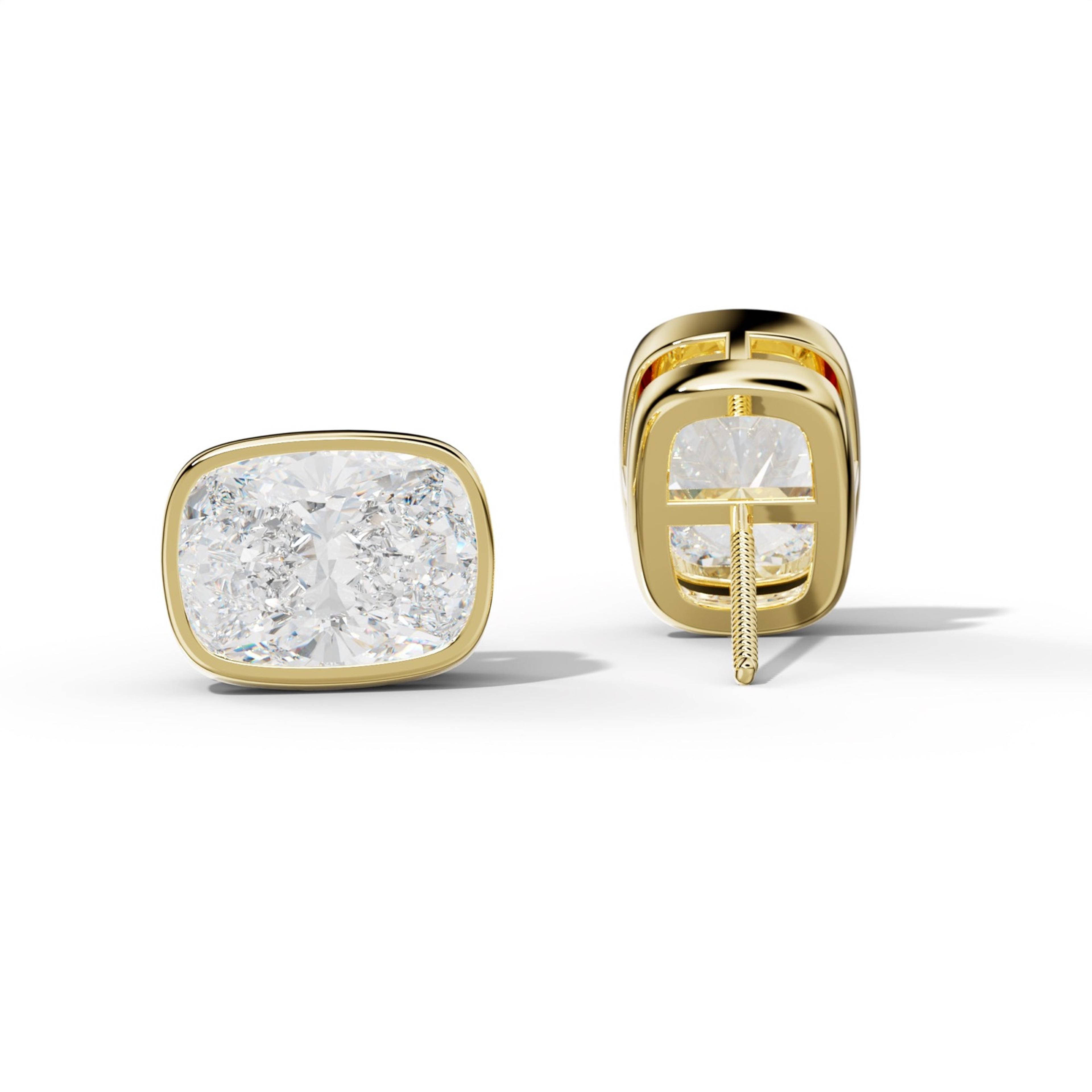 Elongated Cushion Diamond Stud Earrings With  Bezel Setting