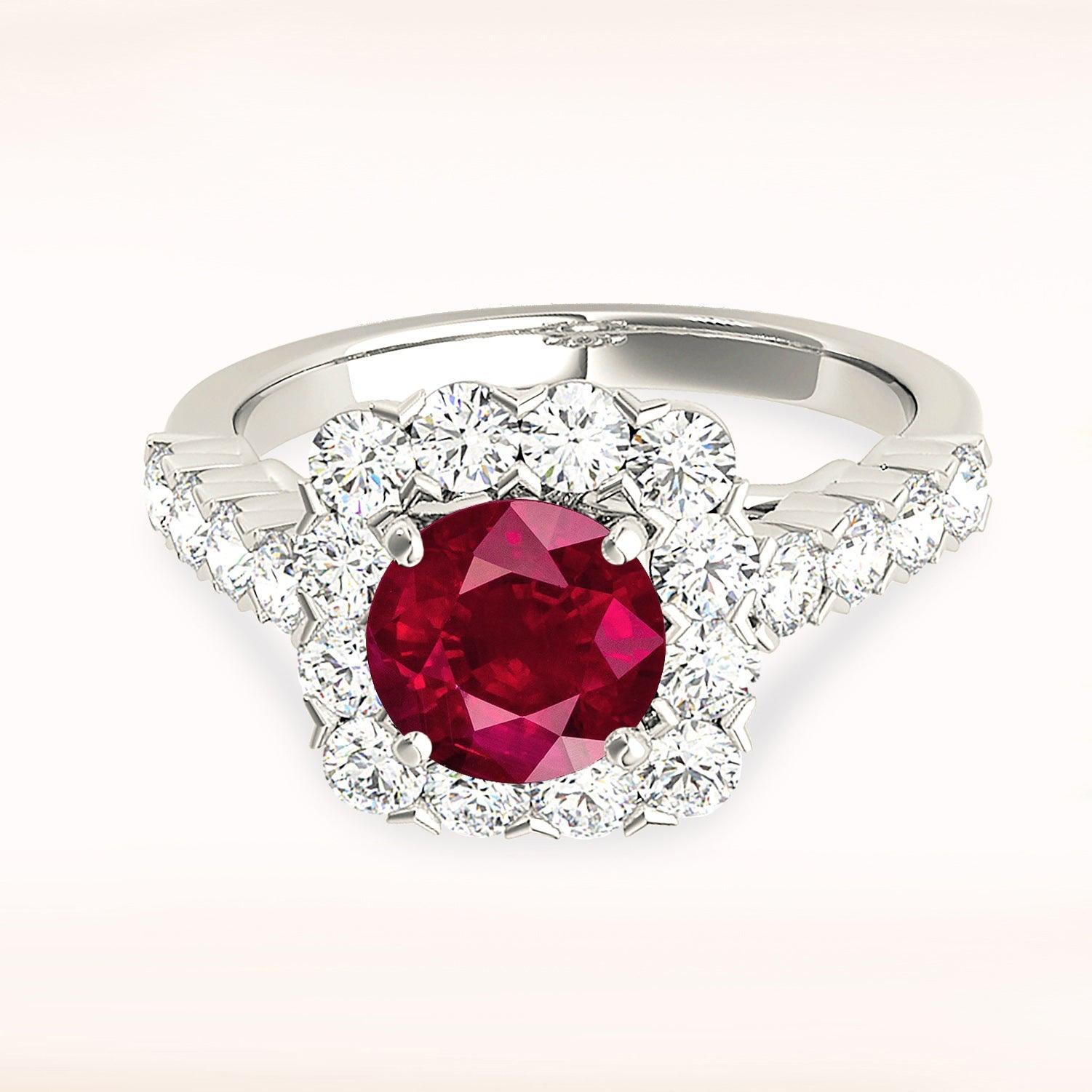 2.35 ct. Genuine Ruby Ring With 1.35 ctw. Diamond Cushion Halo And Scalloped Diamond Band-VIRABYANI