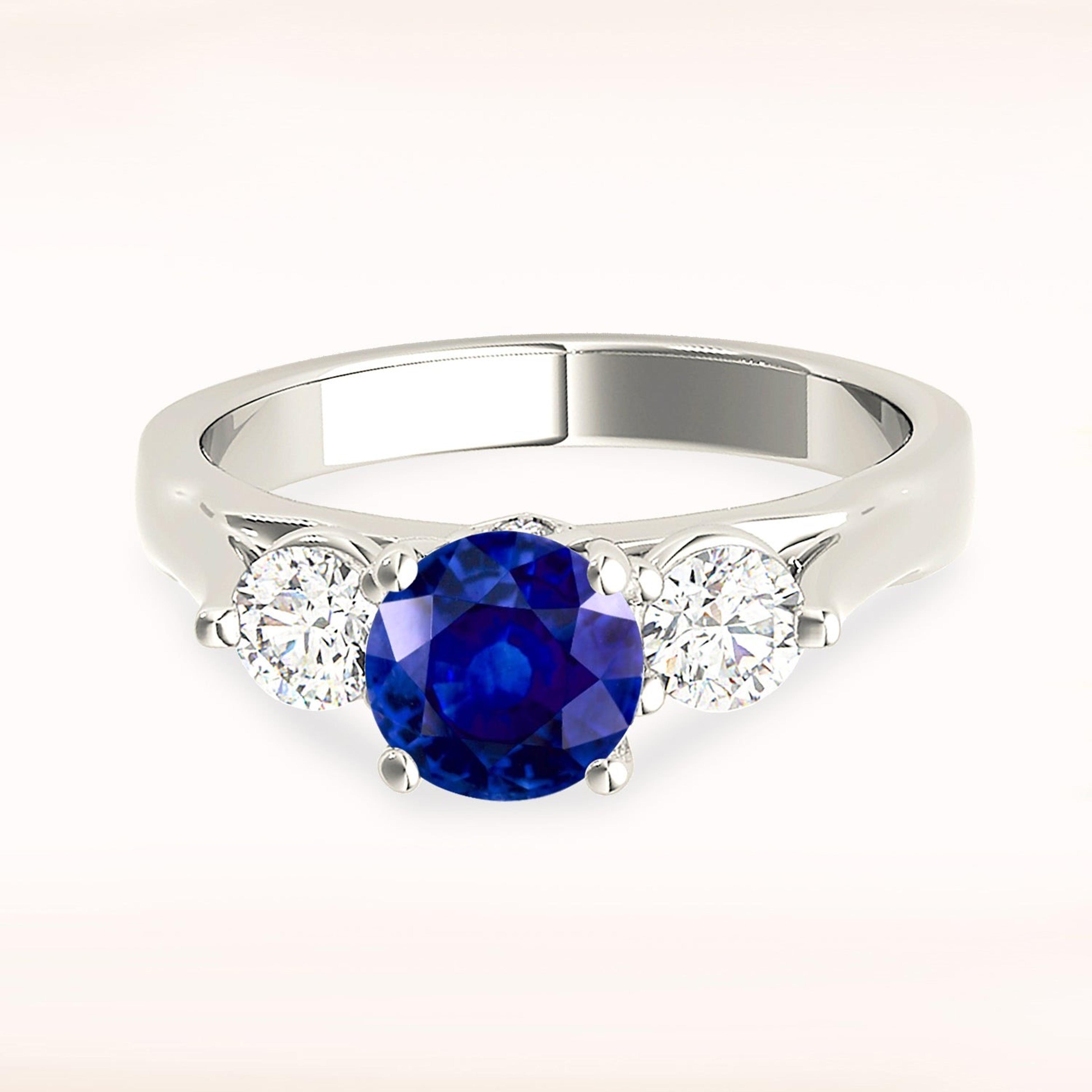1.35 ct. Genuine Blue Sapphire Three Stone Ring With 0.40 ctw. Diamonds-VIRABYANI