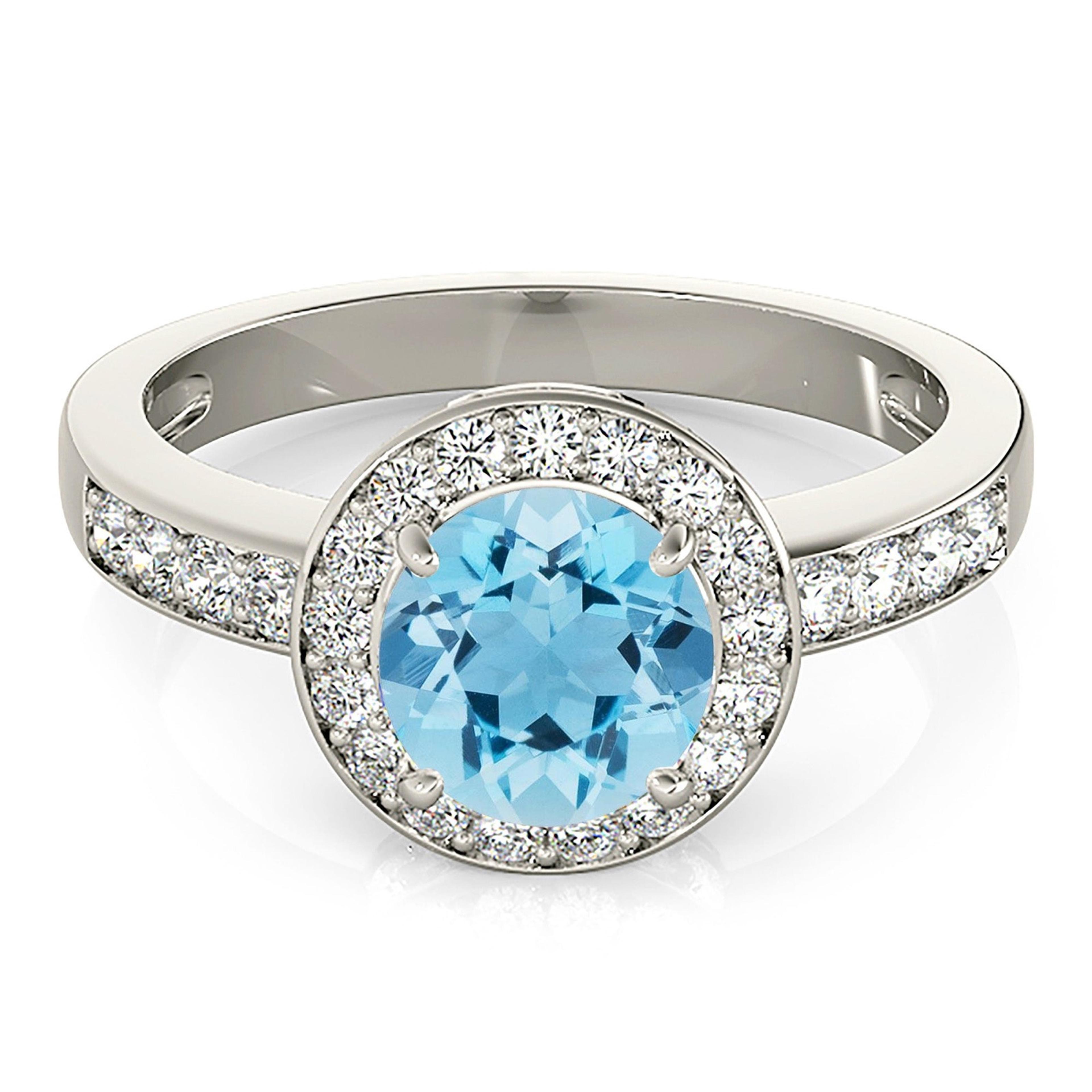 1.75 ct. Genuine Aquamarine Ring With 0.50 ctw. Diamond Halo And Delicate Diamond Band, Diamond Bridge | Round Blue Aquamarine Halo Ring-VIRABYANI
