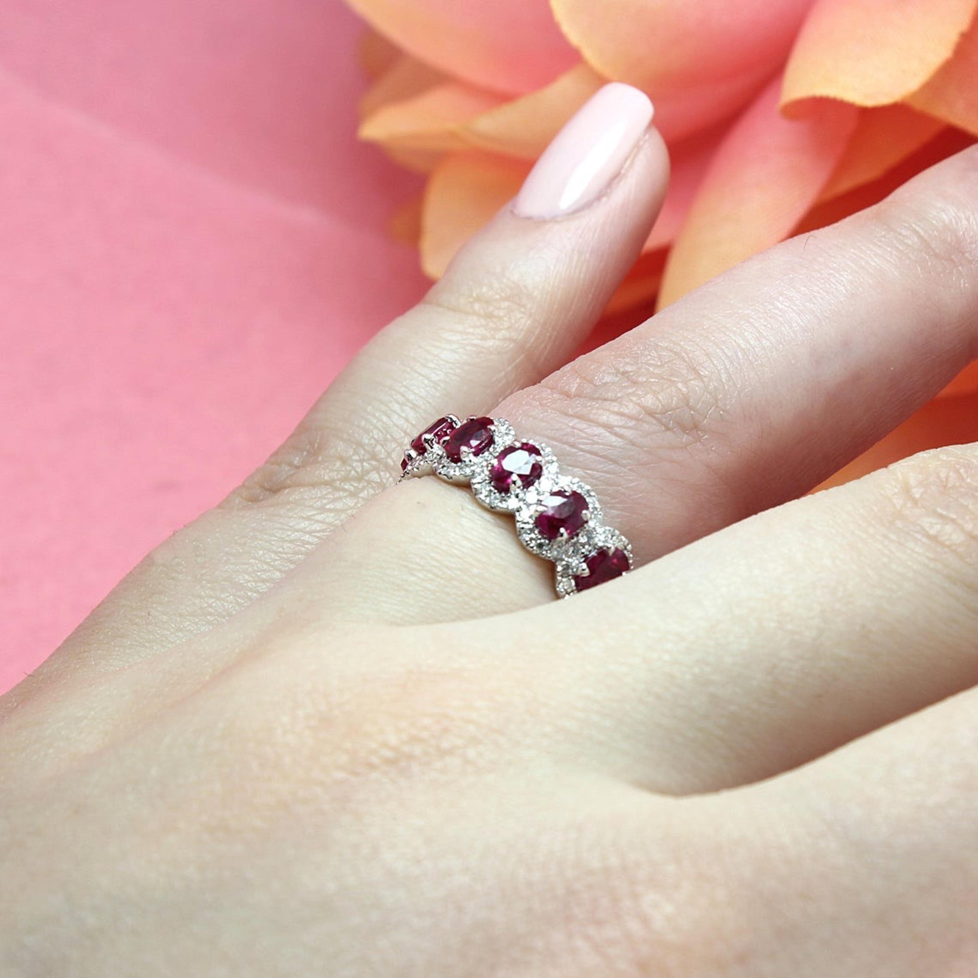 3.17 ct. Genuine Oval Ruby Eternity Ring With 0.79 ct. Diamond Halo-VIRABYANI