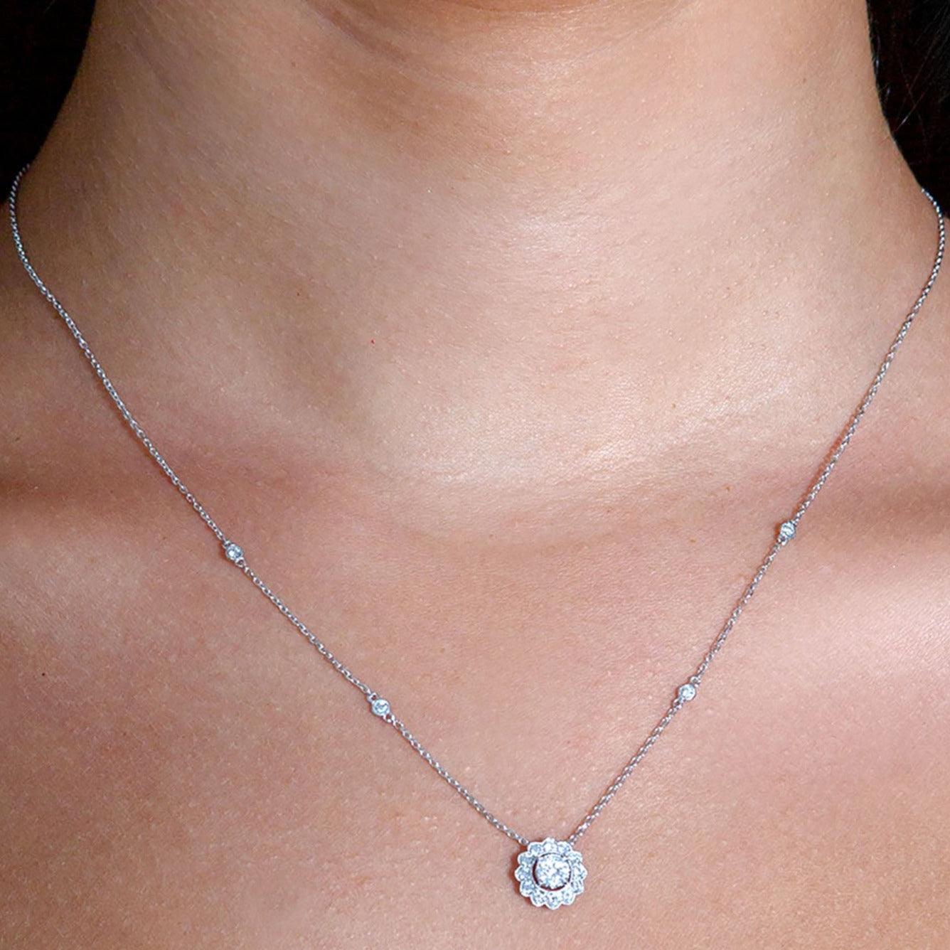 Milgrain 0.33 ctw Diamond Halo Cluster Necklace Pendant-VIRABYANI