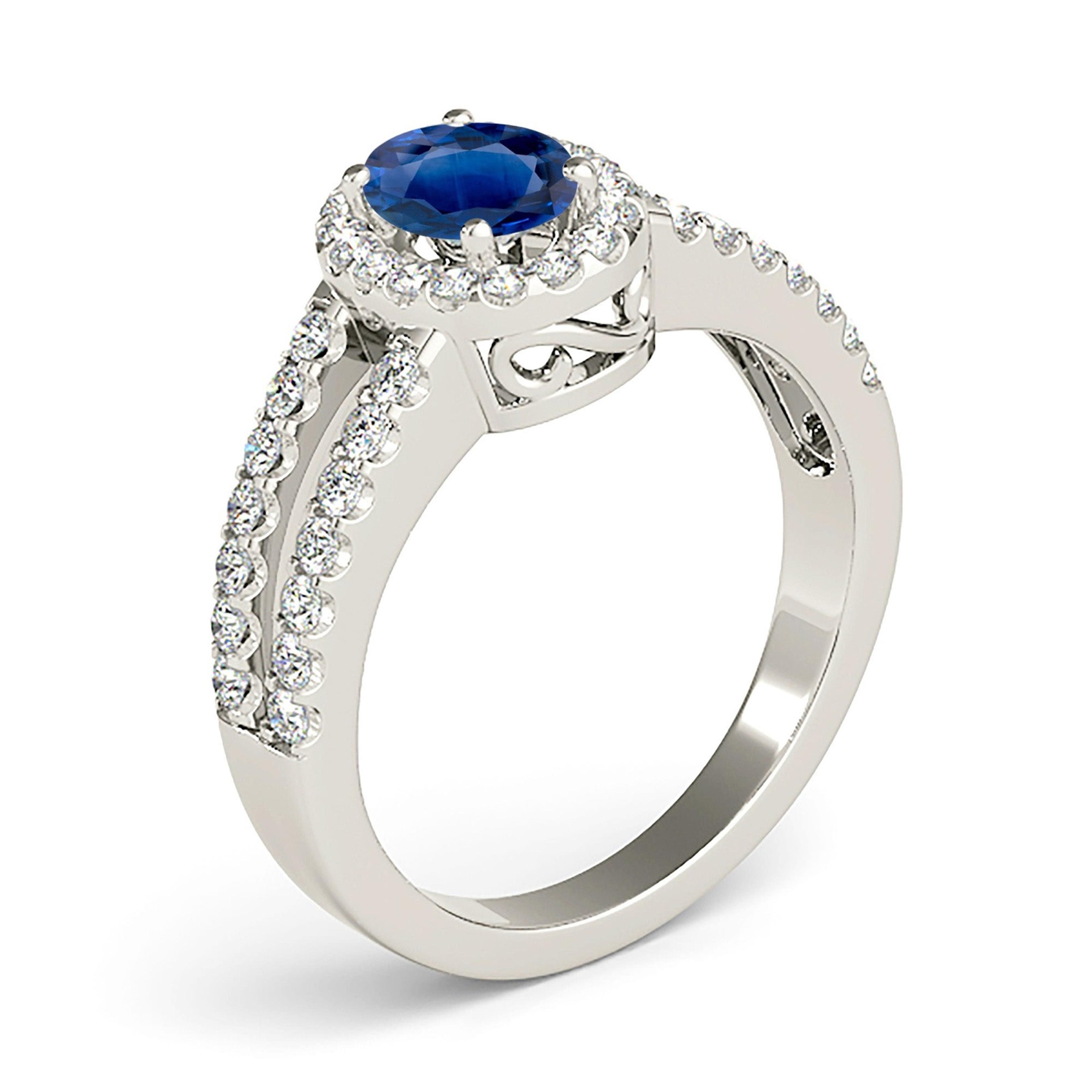 2.09 ct. Genuine Blue Oval Sapphire Ring With 0.50 ctw. Diamond Halo, Open Split Diamond Shank | Natural Sapphire And Diamond Gemstone Ring-VIRABYANI