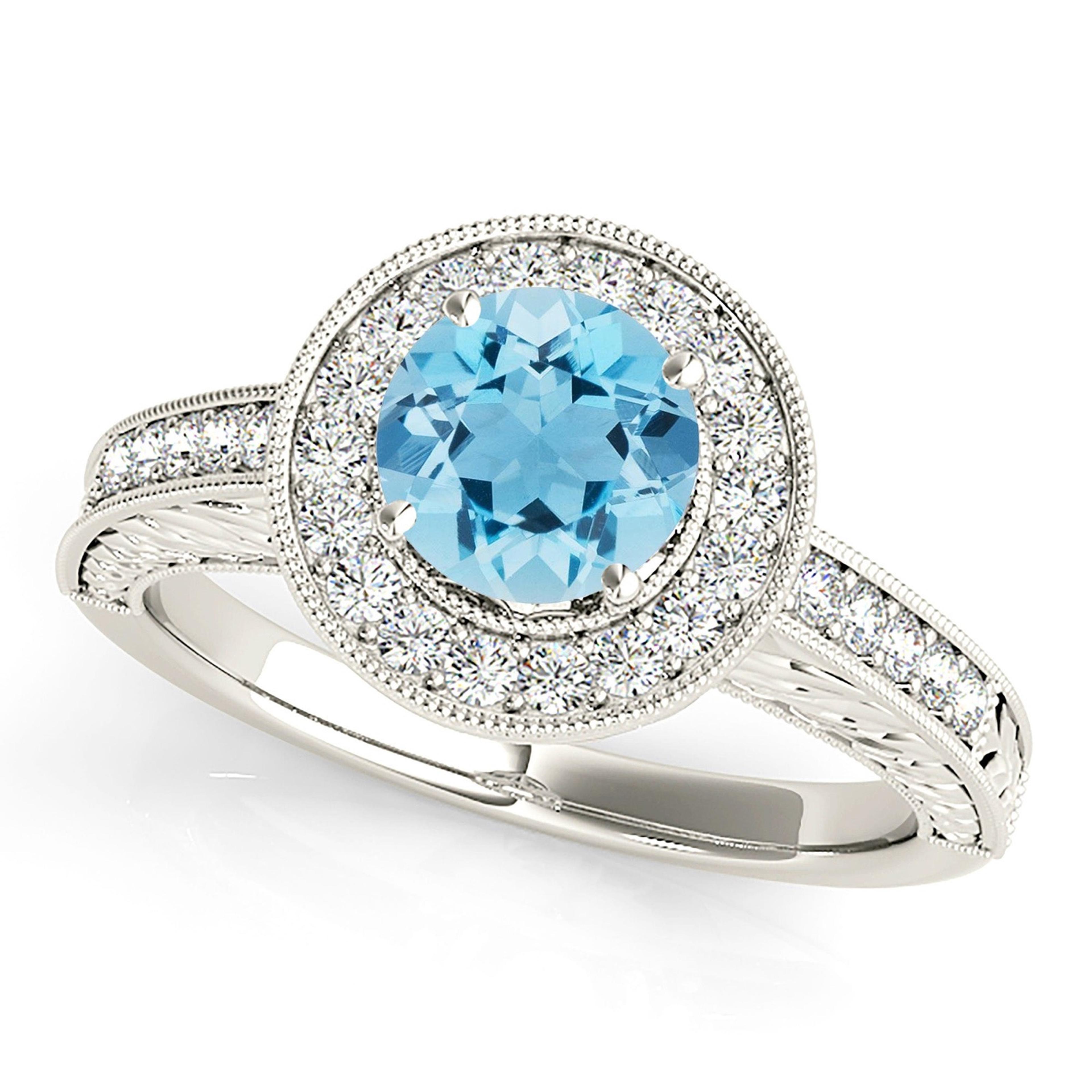 1.63 ct. Genuine Aquamarine Ring With 0.30 ctw. Diamond Milgrain Halo, Filigree Diamond Shank | Round Blue Aquamarine Halo Ring-VIRABYANI