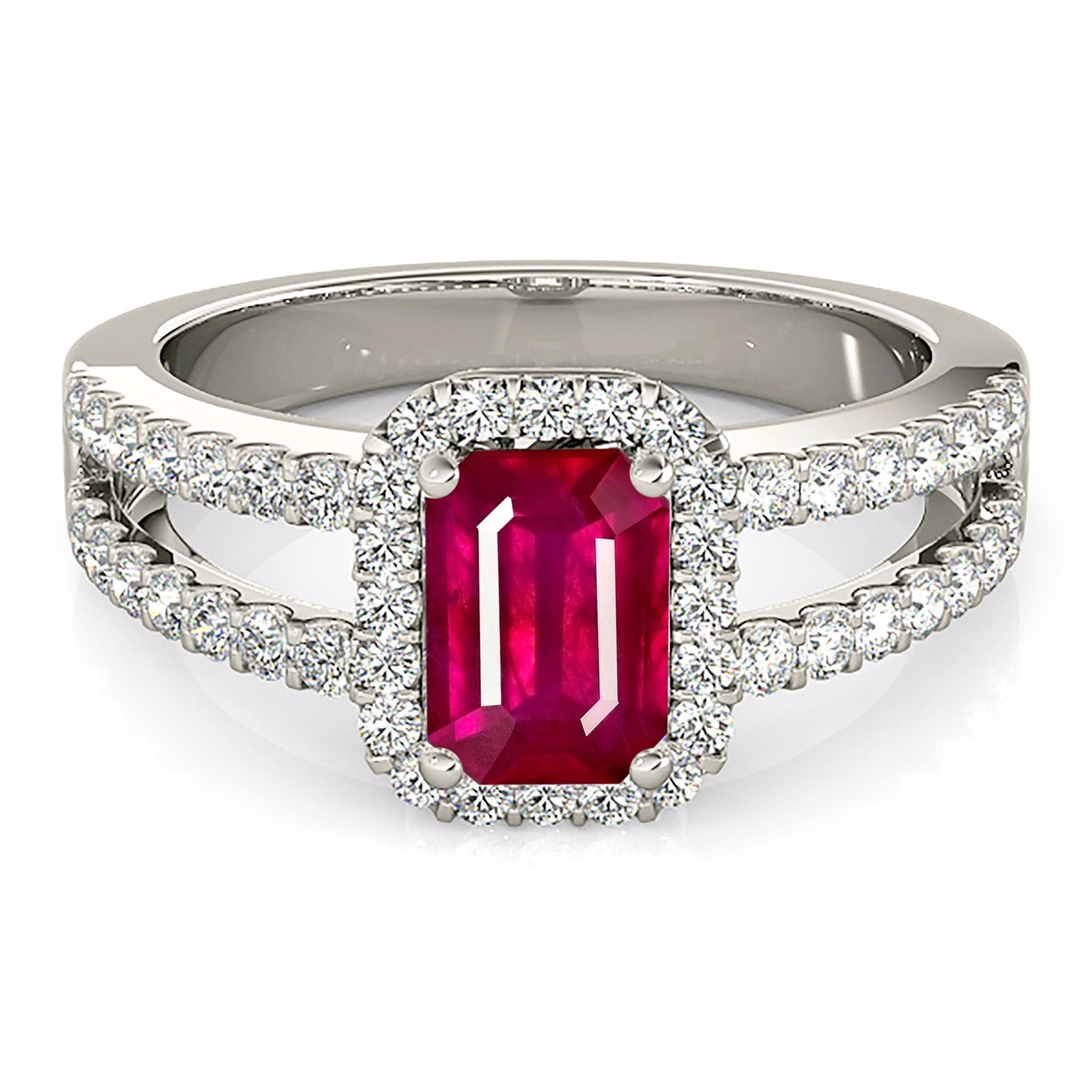 1.20 ct. Genuine Emerald Cut Ruby Ring With 0.50 ctw. Diamond Halo and Split Diamond Shank-VIRABYANI