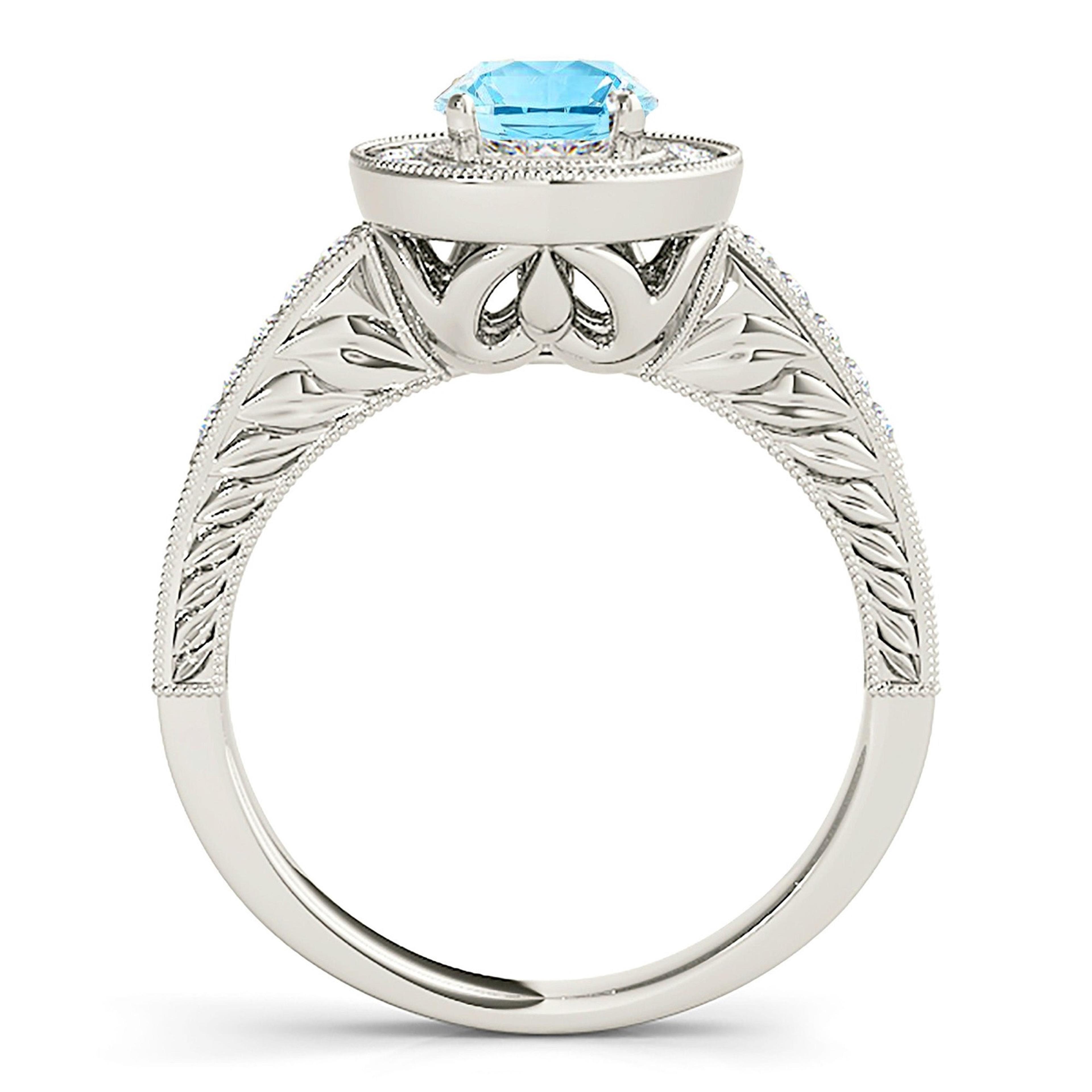 1.63 ct. Genuine Aquamarine Ring With 0.30 ctw. Diamond Milgrain Halo, Filigree Diamond Shank | Round Blue Aquamarine Halo Ring-VIRABYANI