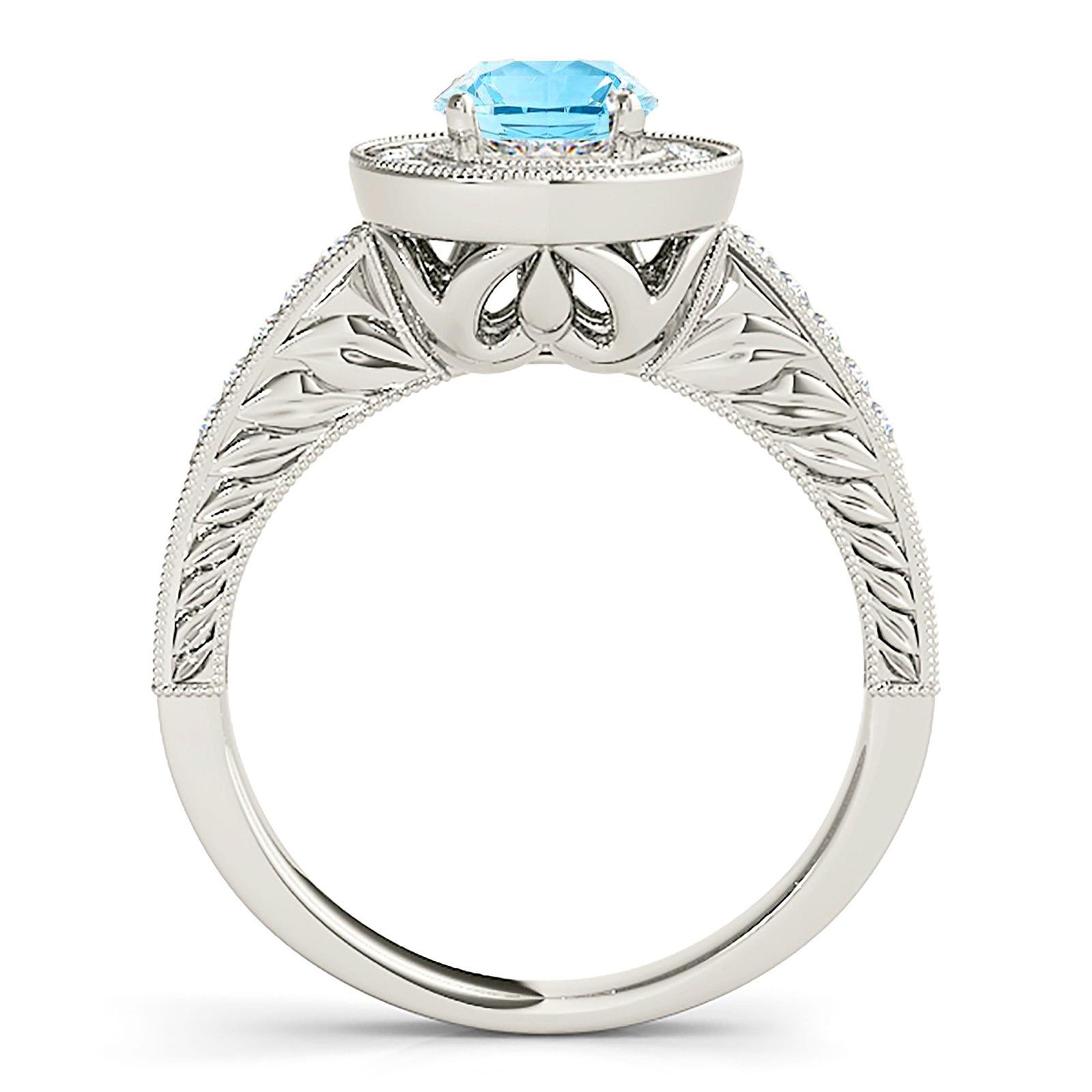 1.63 ct. Genuine Aquamarine Ring With 0.30 ctw. Diamond Milgrain Halo, Filigree Diamond Shank | Round Blue Aquamarine Halo Ring-VIRABYANI