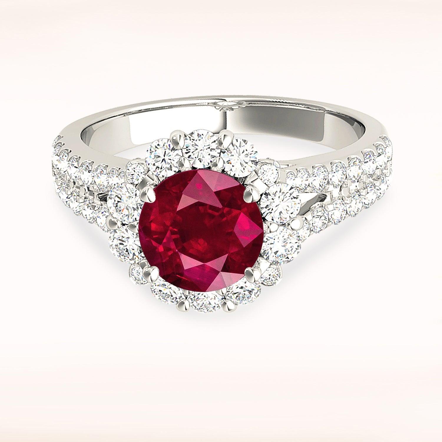 1.79 ct. Genuine Ruby Ring With 0.90 ctw. Diamond Floral Halo And Small V Split Shank-VIRABYANI