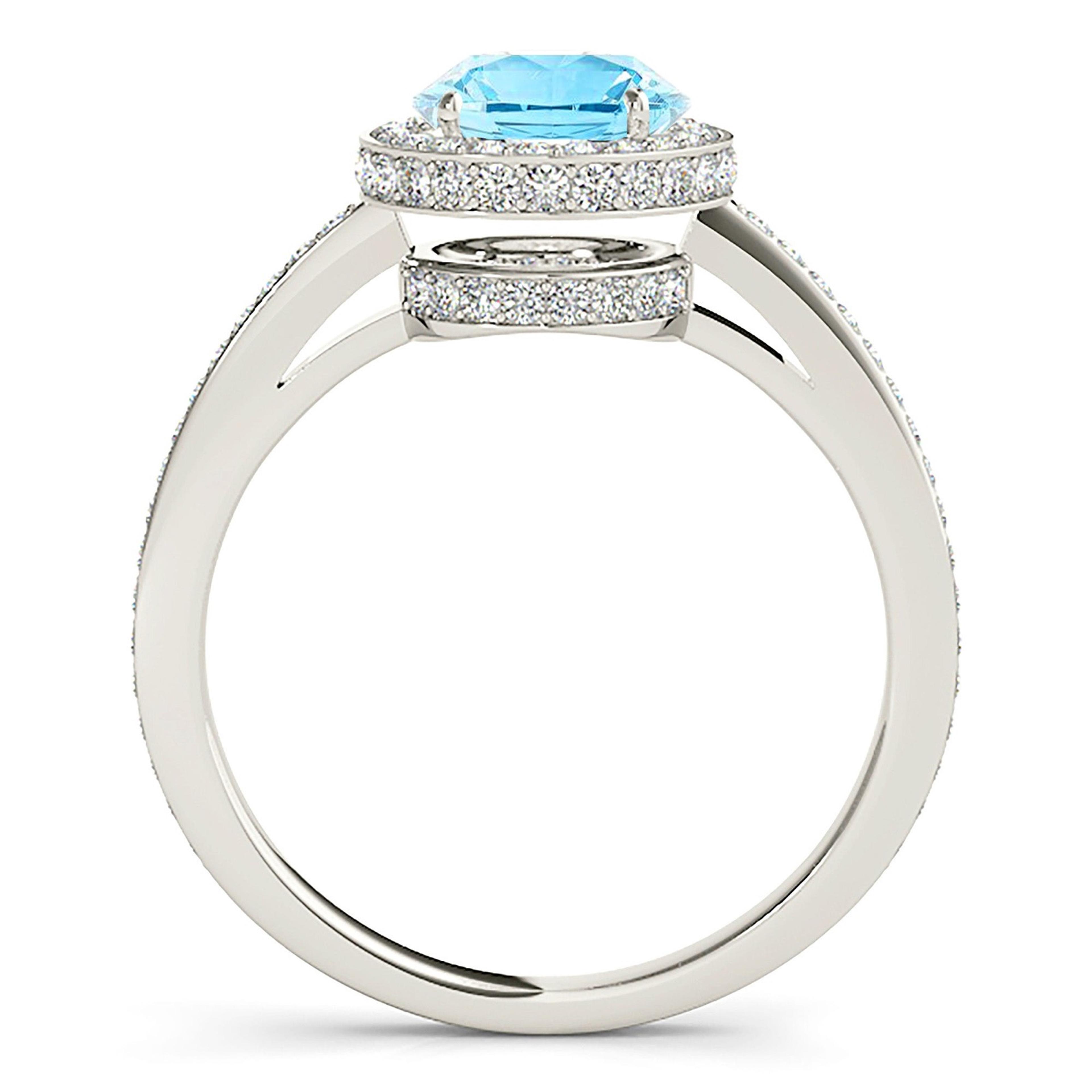 2.00 ct. Genuine Aquamarine Ring With 0.50 ctw. Diamond Halo And Delicate Diamond Band| Round Blue Aquamarine Halo Ring-VIRABYANI