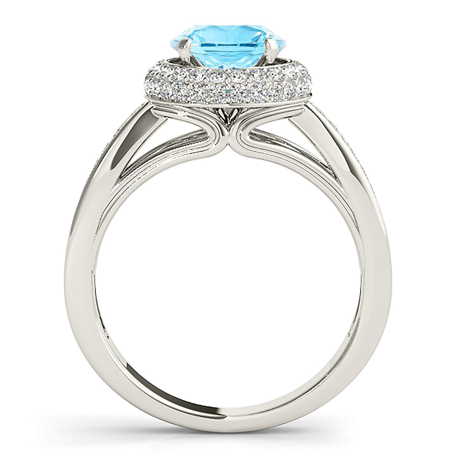 2.00 ct. Genuine Aquamarine Ring With 0.50 ctw. Diamond Double Edge Halo, Double Row Diamond Band | Round Blue Aquamarine Halo Ring-VIRABYANI