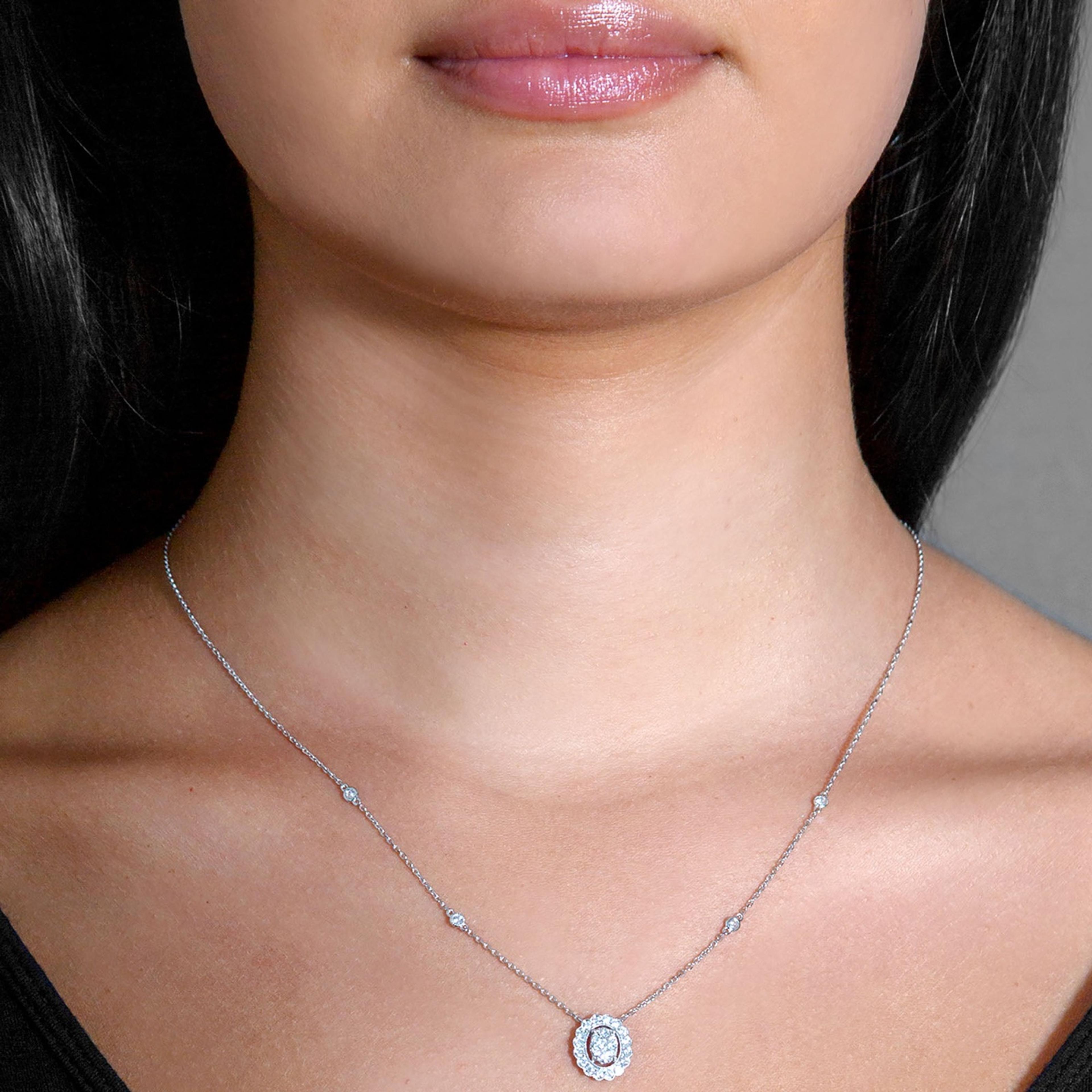 Milgrain 0.50 ctw Diamond Oval Halo Cluster Necklace Pendant-VIRABYANI