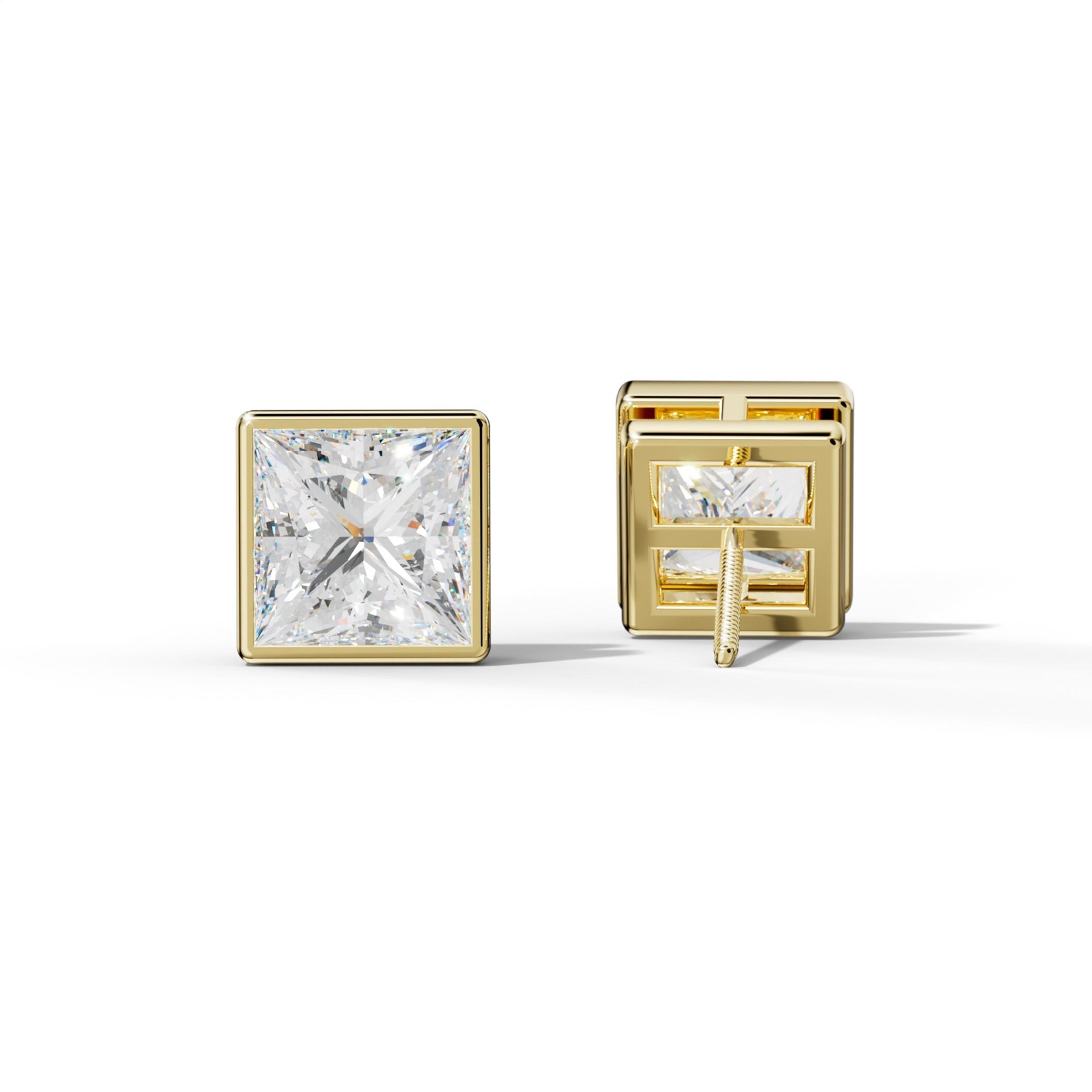 Princess Cut  Diamond Stud Earrings With Bezel Setting