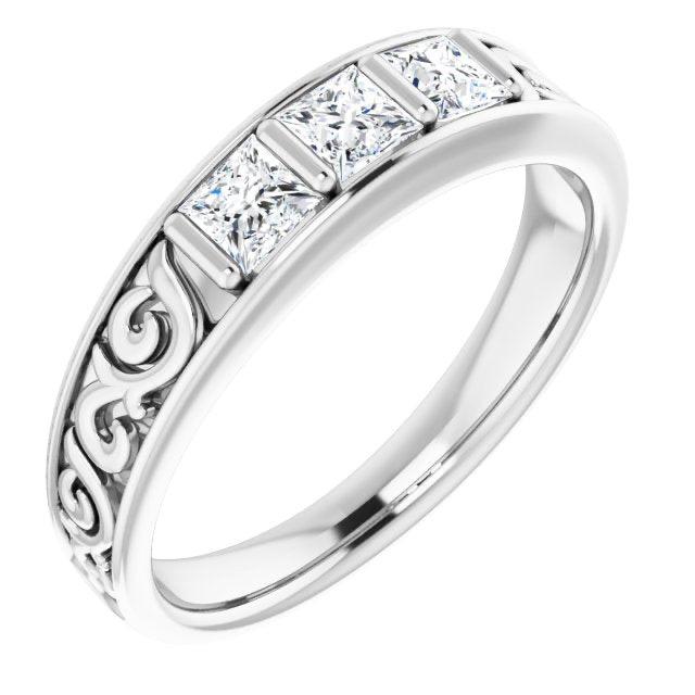 1.0 ctw Bar Set Princess Diamond Men's Ring Filigree Accent