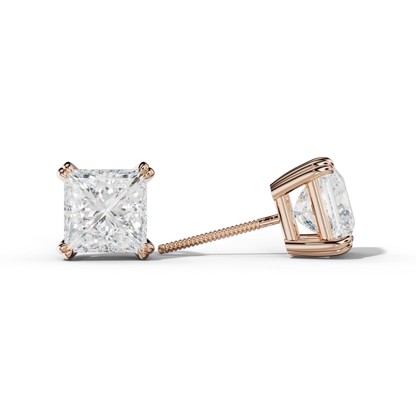 Princess Cut Diamond Stud Earrings With Claw Double Prongs