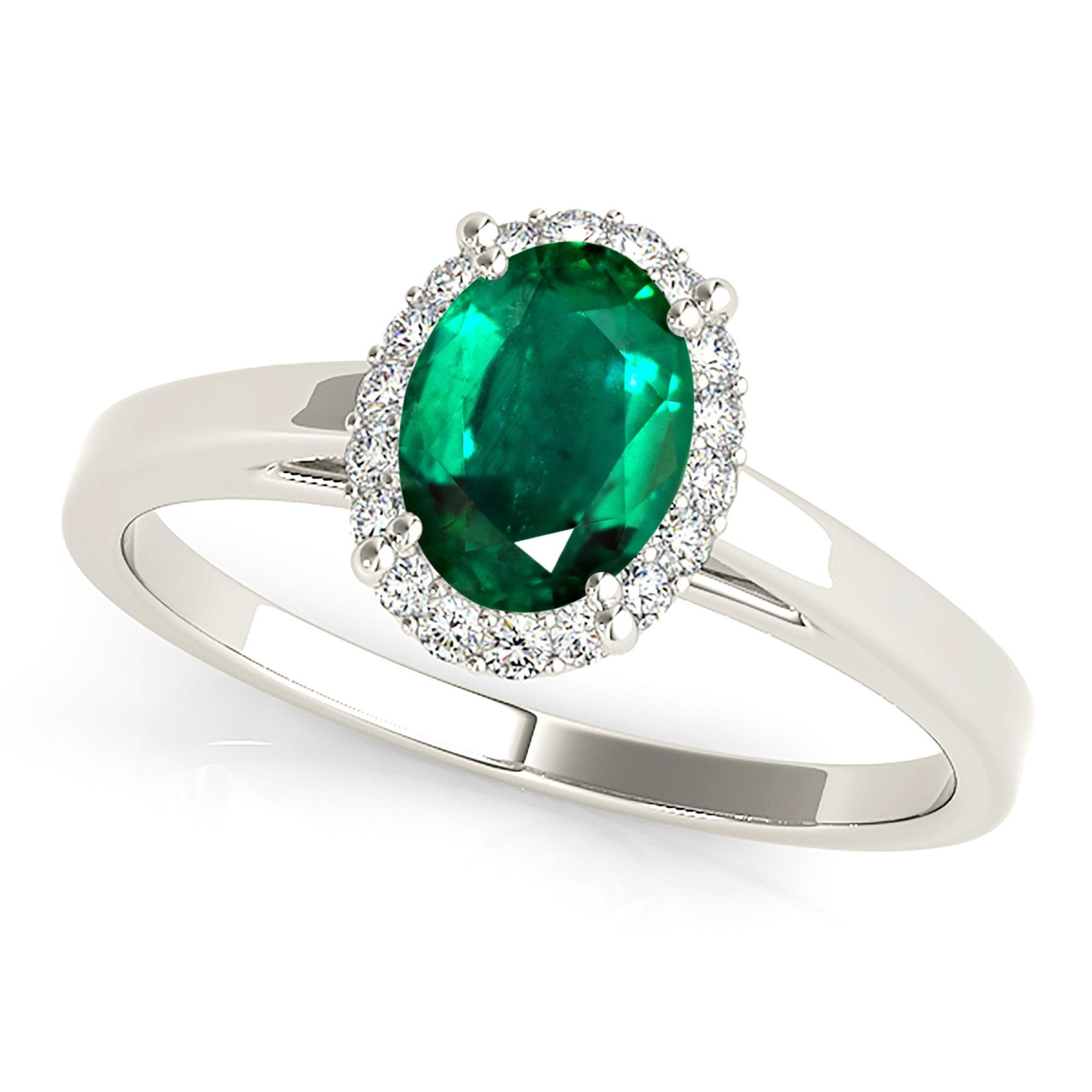 1.30 ct. Genuine Oval Emerald Ring With 0.20 ctw. Diamond Halo,Plain Solitaire Band-VIRABYANI