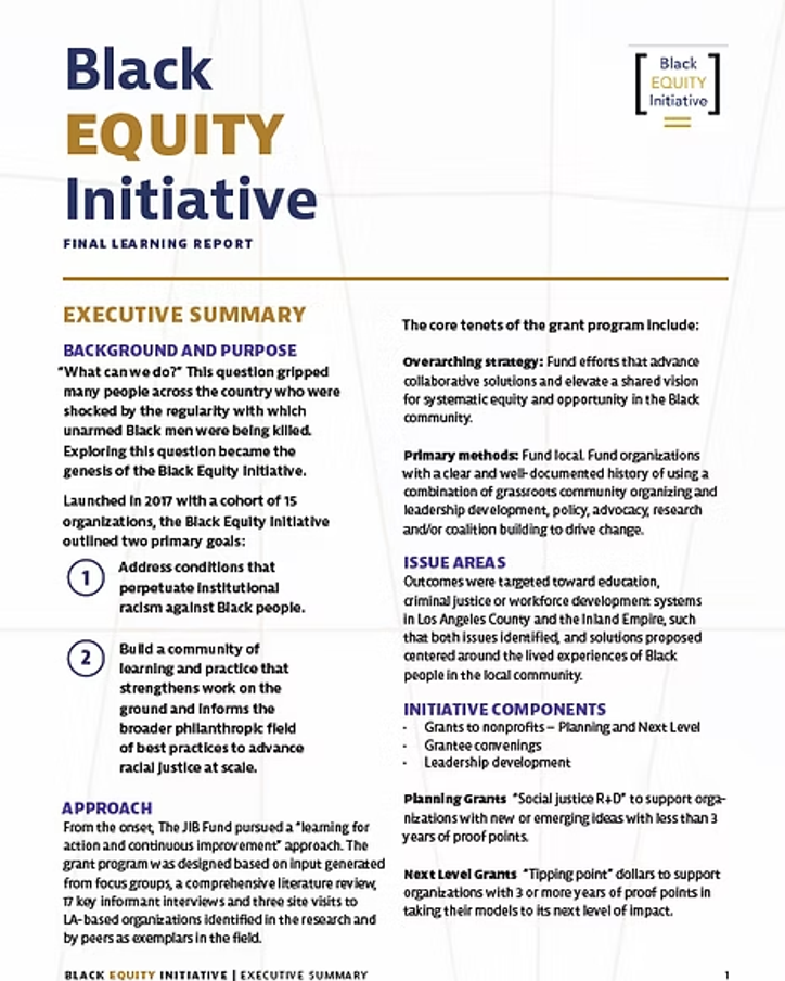 Black Equity Initiative Final Learning Report Executive Summary cover