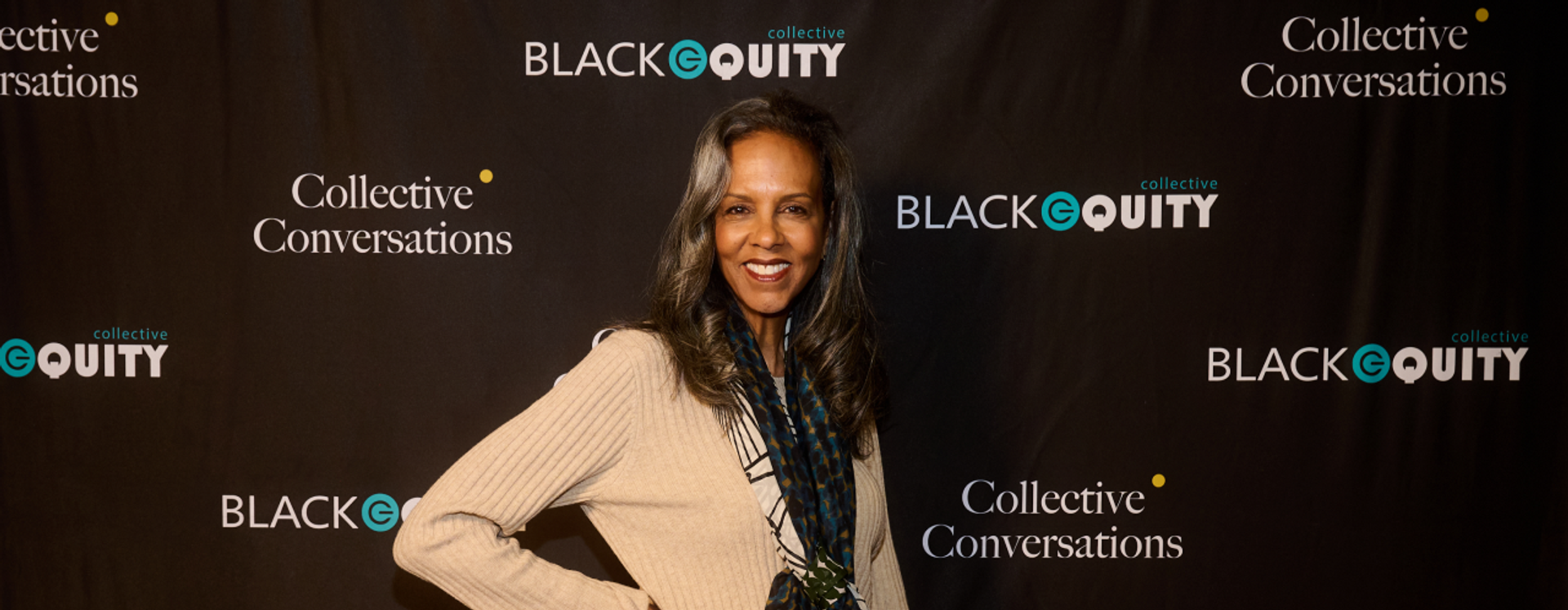 Fredrika Newton at the Collective Conversations step-and-repeat