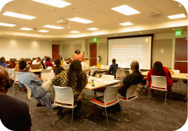 Funders seated at tables during a Funders Learning Lab session