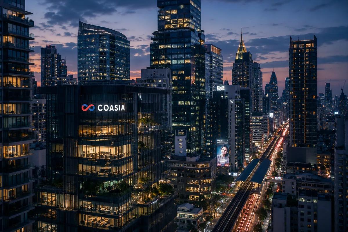 Coasia office building lit up at dusk in a Southeast Asian city skyline