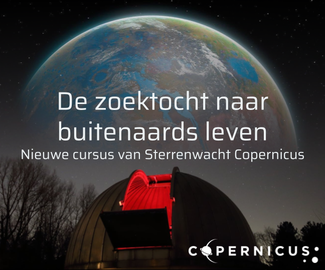 Poster van de sterrenwacht met grote planeet op achtergrond