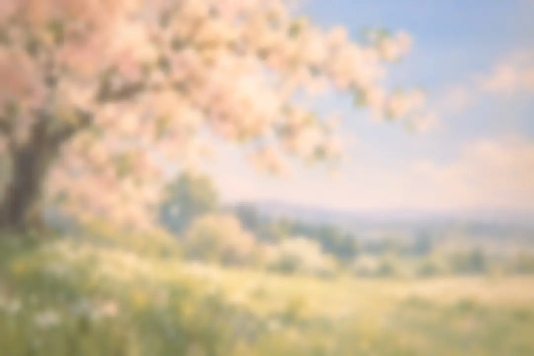 Painting of a blossoming tree above a spring meadow, with soft hills in the distance