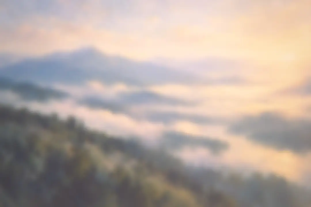 Painting of misty mountain valleys at sunrise, seen from a forested ridge