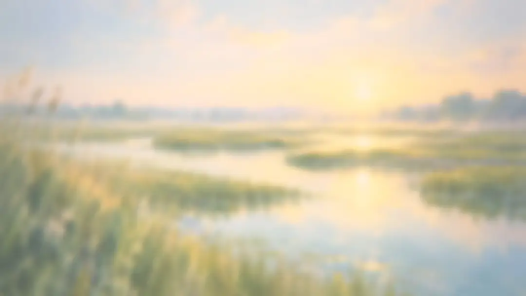 Painting of a misty wetland at sunrise with tall reeds in the foreground