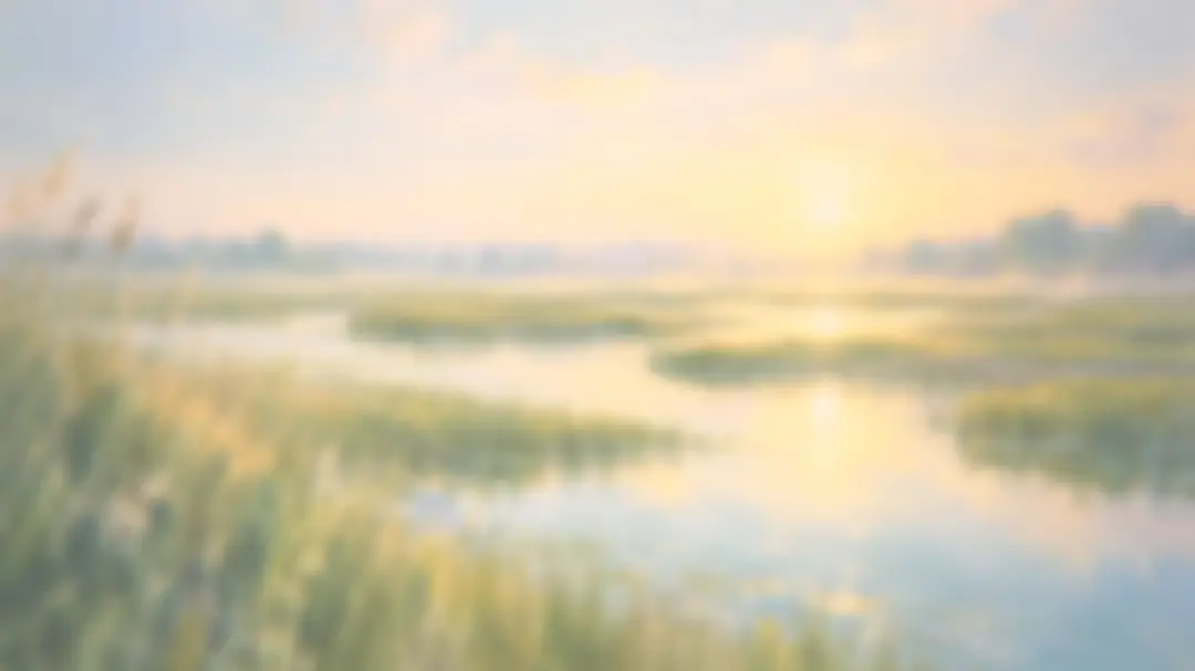 Painting of a misty wetland at sunrise with tall reeds in the foreground