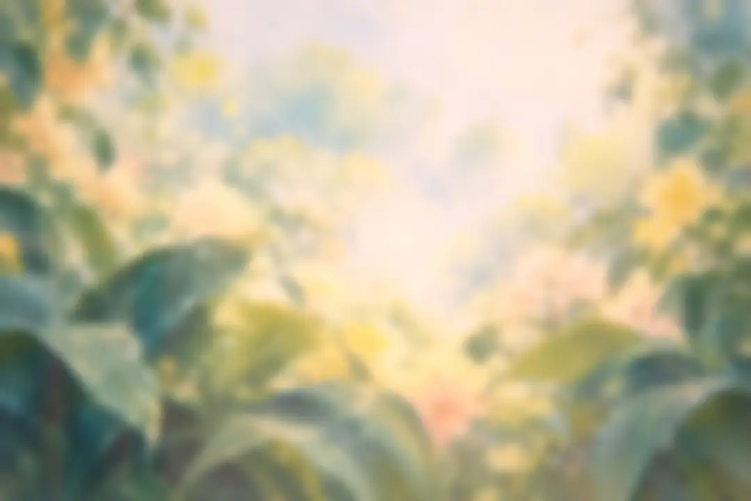 Painting of rain-wet leaves and pink and yellow blossoms in a garden
