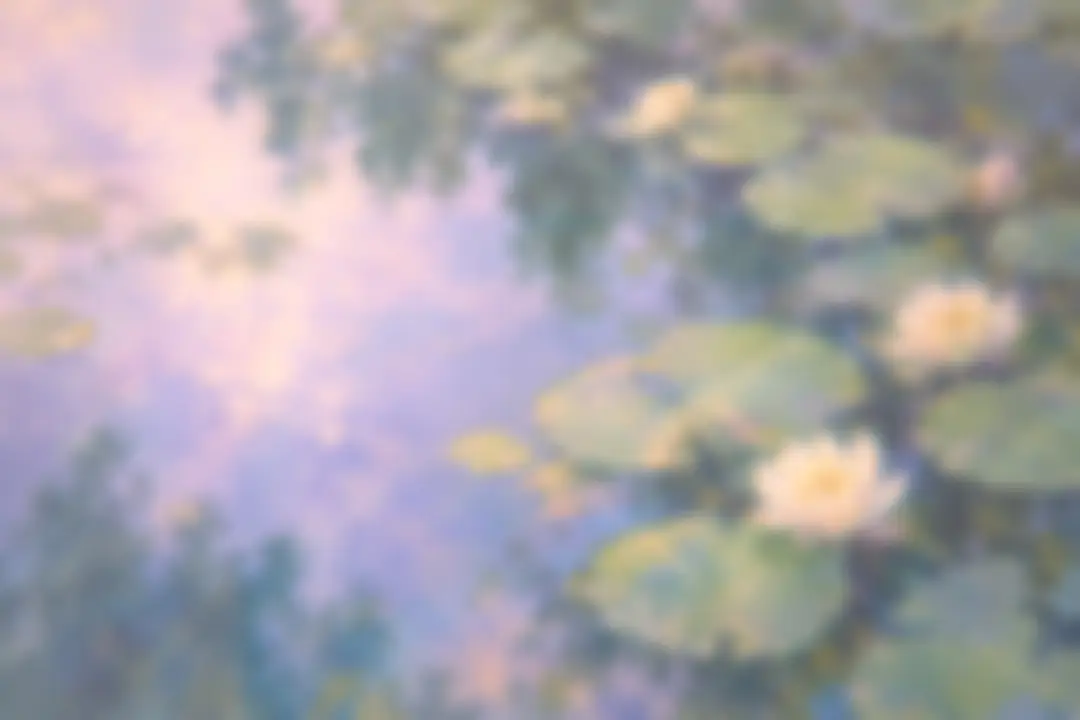 Painting of water lilies floating on a pond that reflects the sky