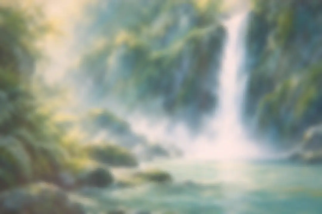 Painting of a waterfall pouring into a clear pool among mossy rocks and ferns