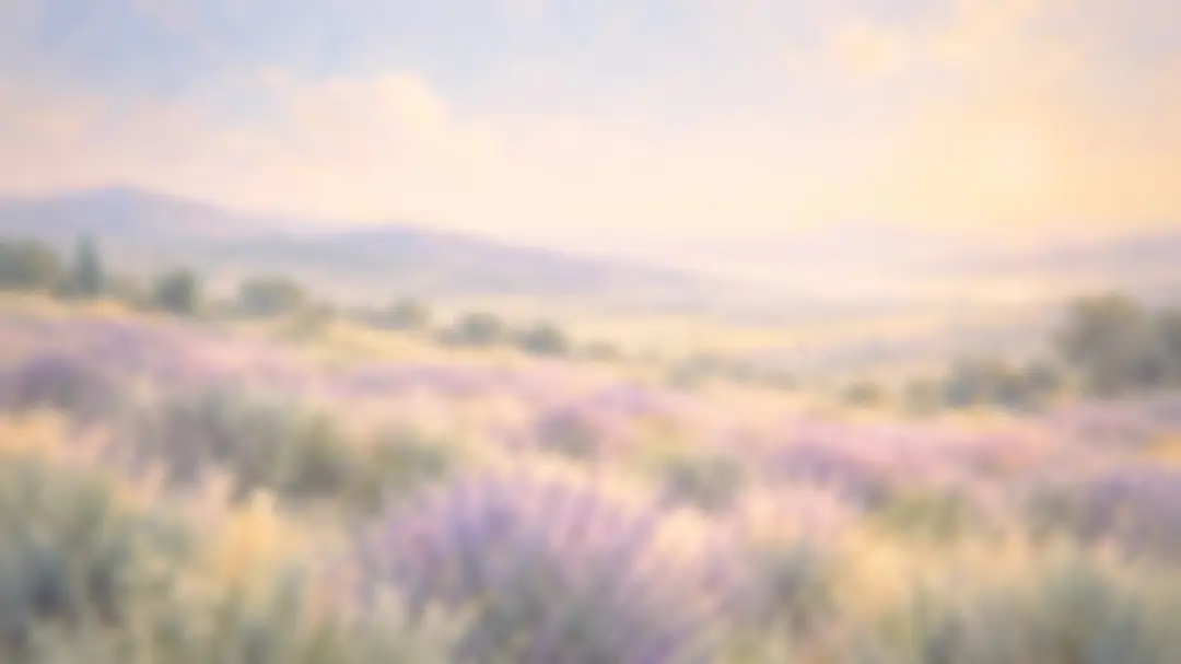 Painting of lavender fields stretching towards distant mountains