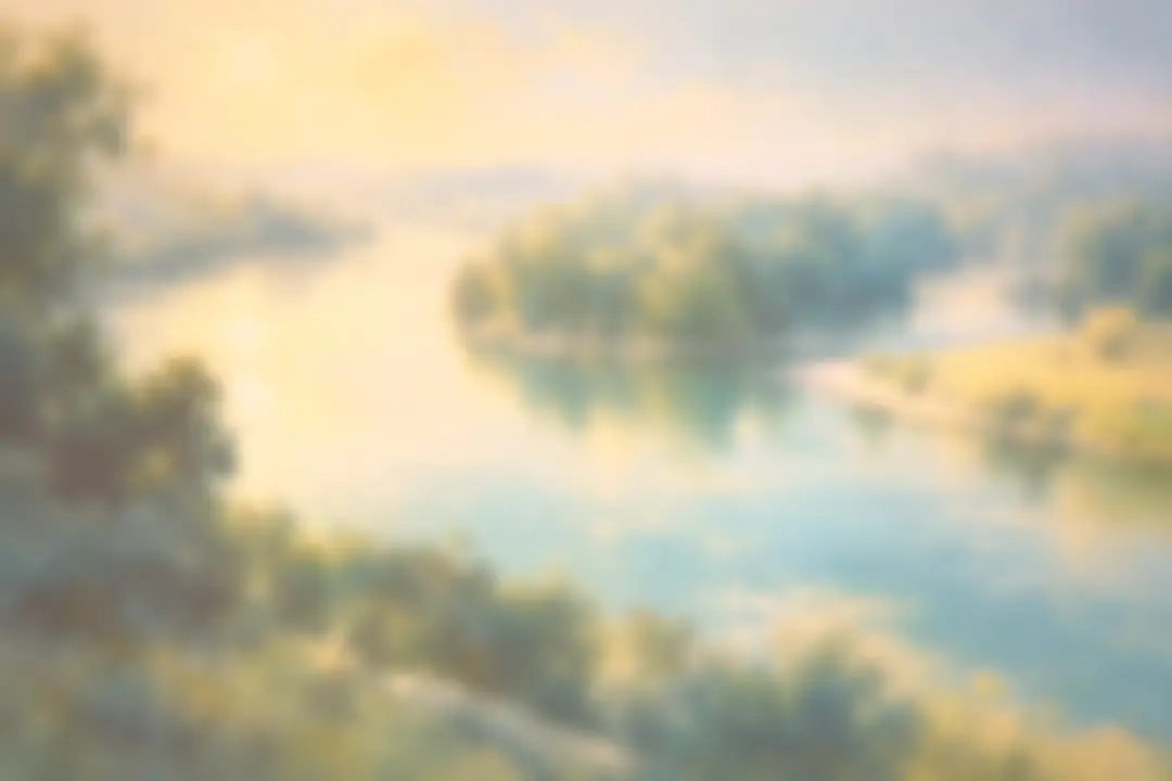 Painting of a wide river winding through green woodland in golden light