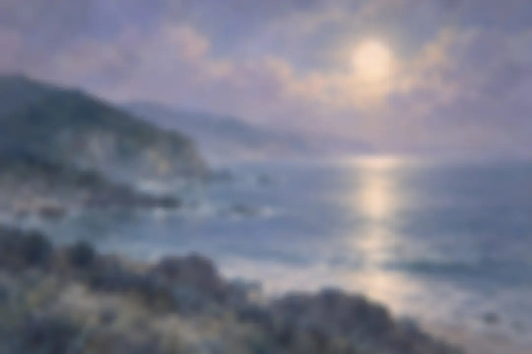 Painting of a rocky coastline under a full moon shining on the sea